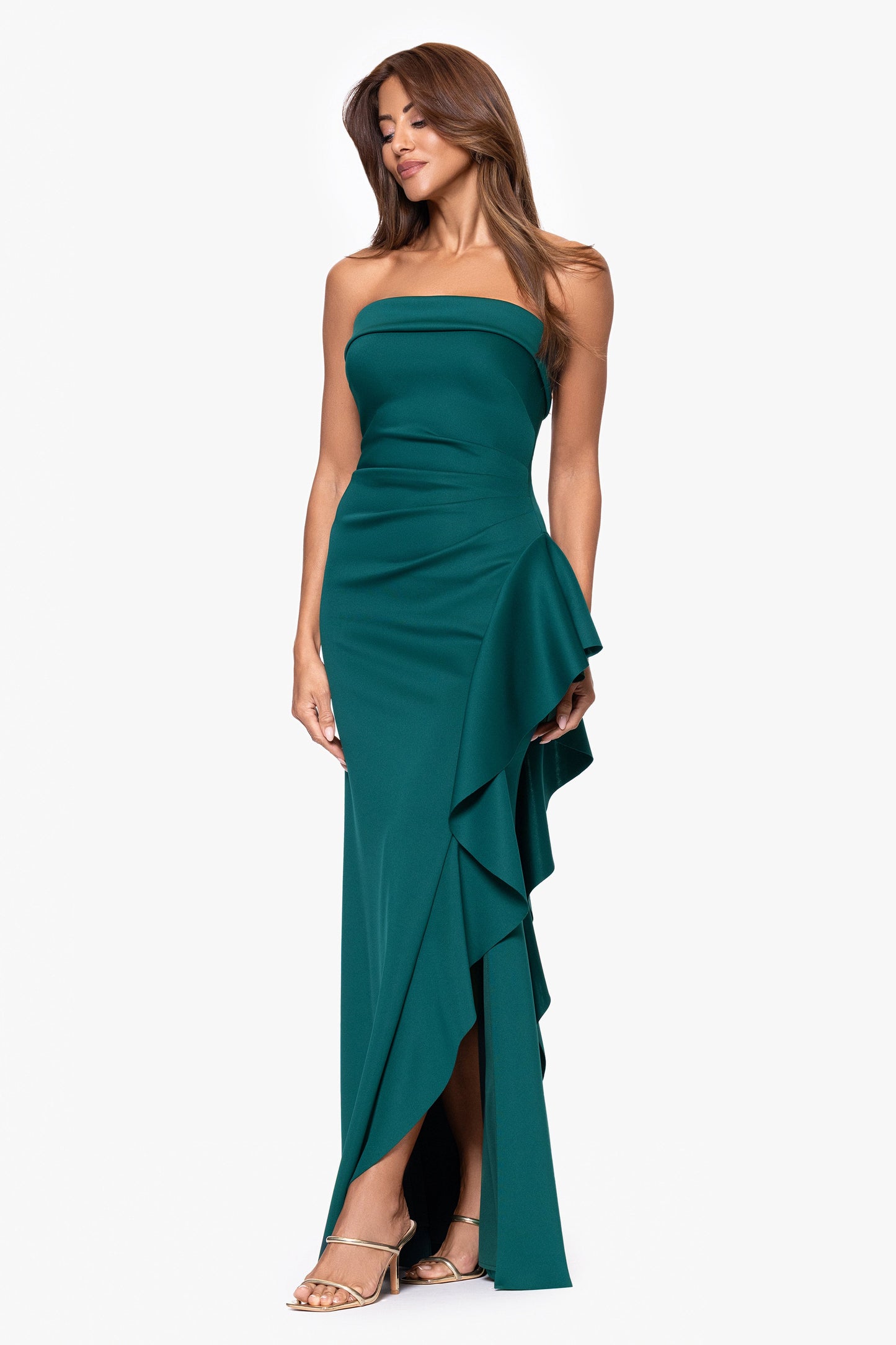 "Jacqueline" Techno Scuba Strapless Ruffle Dress Hunter XSCAPE
