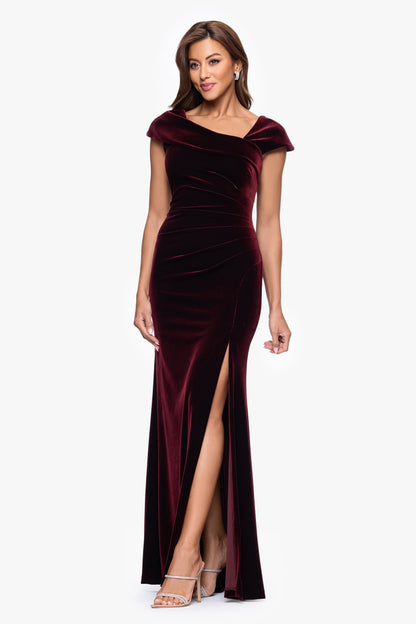 Petite "Katrina" Velvet Asymmetrical Neckline Cap Sleeve Dress Burgundy XSCAPE