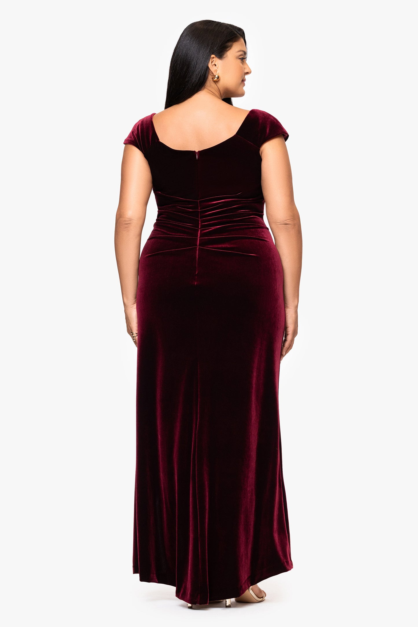 Plus "Katrina" Velvet Asymmetrical Neckline Cap Sleeve Dress Burgundy XSCAPE