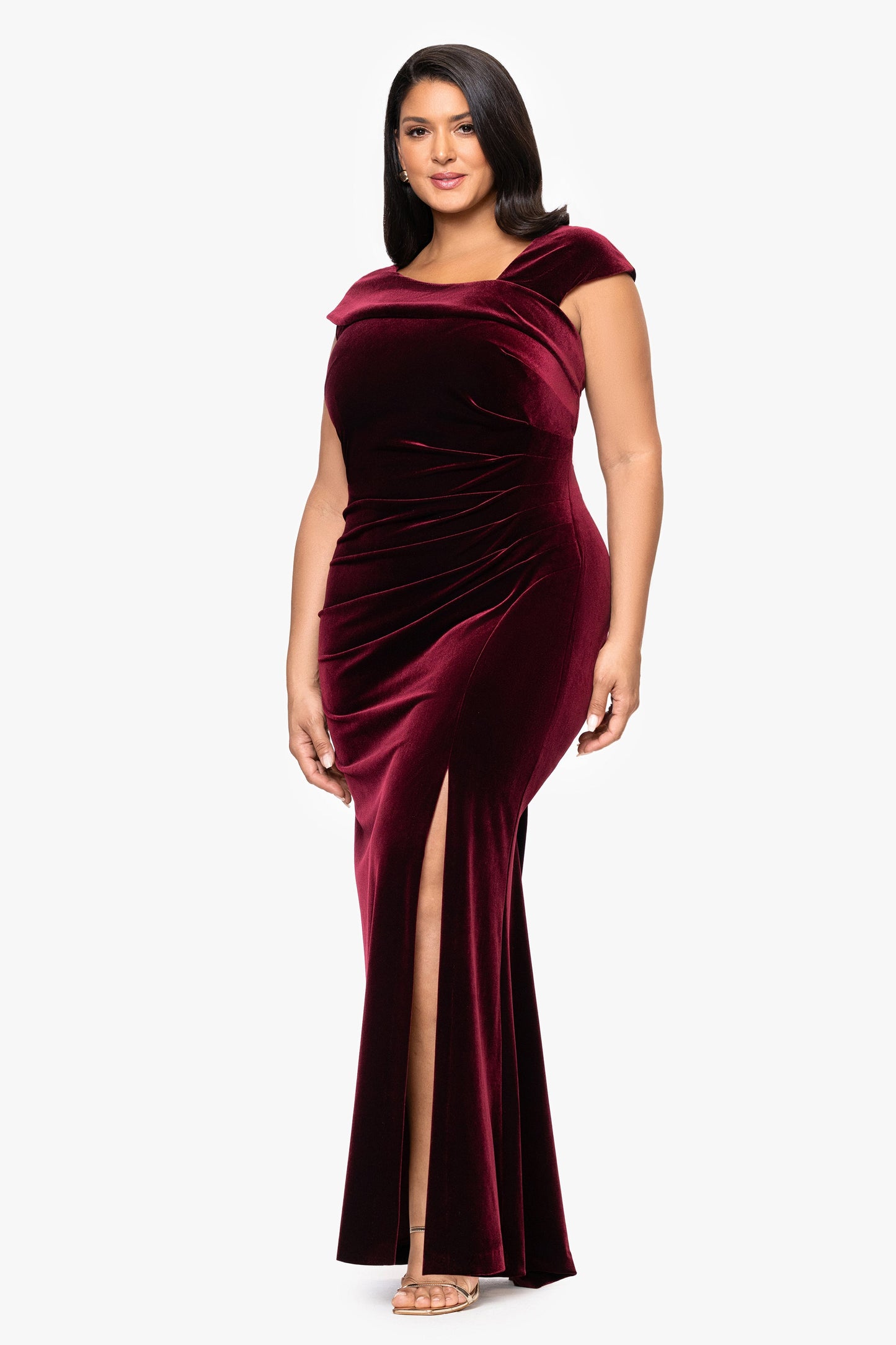 Plus "Katrina" Velvet Asymmetrical Neckline Cap Sleeve Dress Burgundy XSCAPE