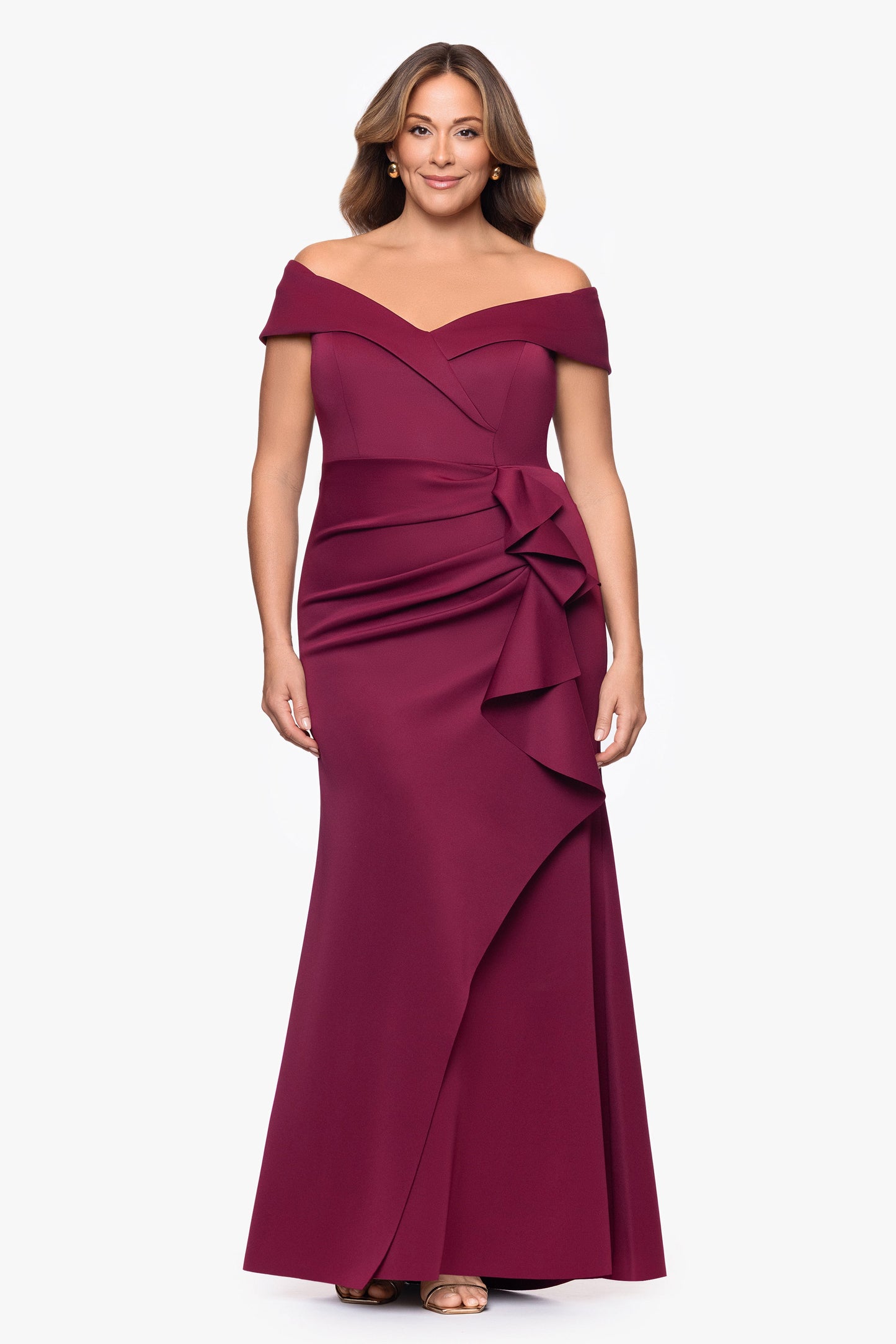 Plus "Patti" Techno Scuba Off The Shoulder Dress Wine XSCAPE