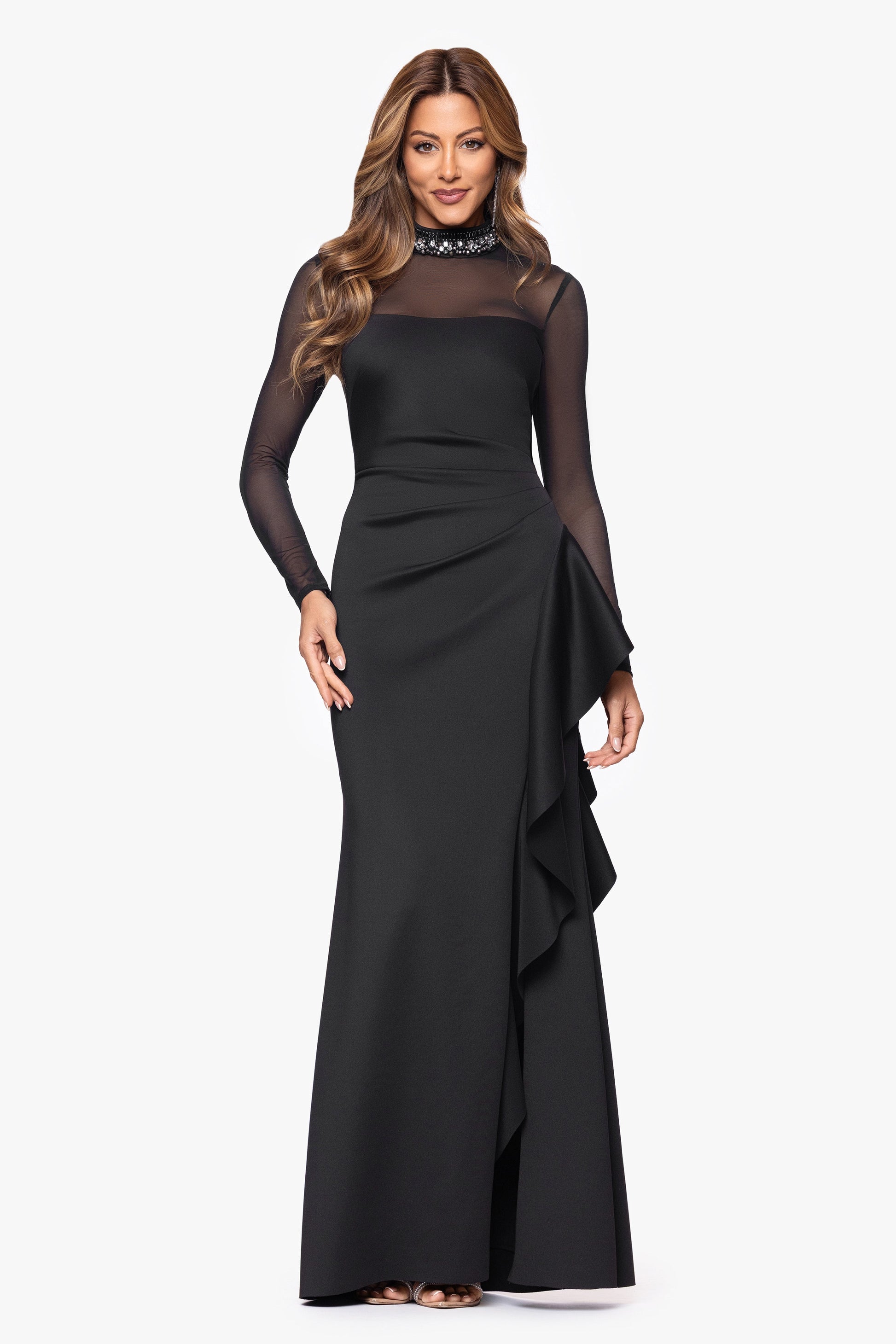 "Maxina" Techno Scuba and Mesh Long Sleeves Dress Black XSCAPE