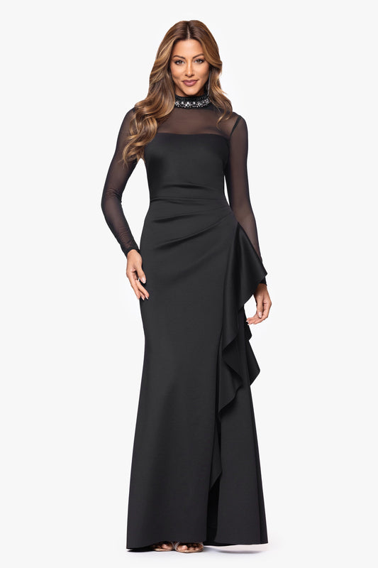 "Maxina" Techno Scuba and Mesh Long Sleeves Dress Black XSCAPE