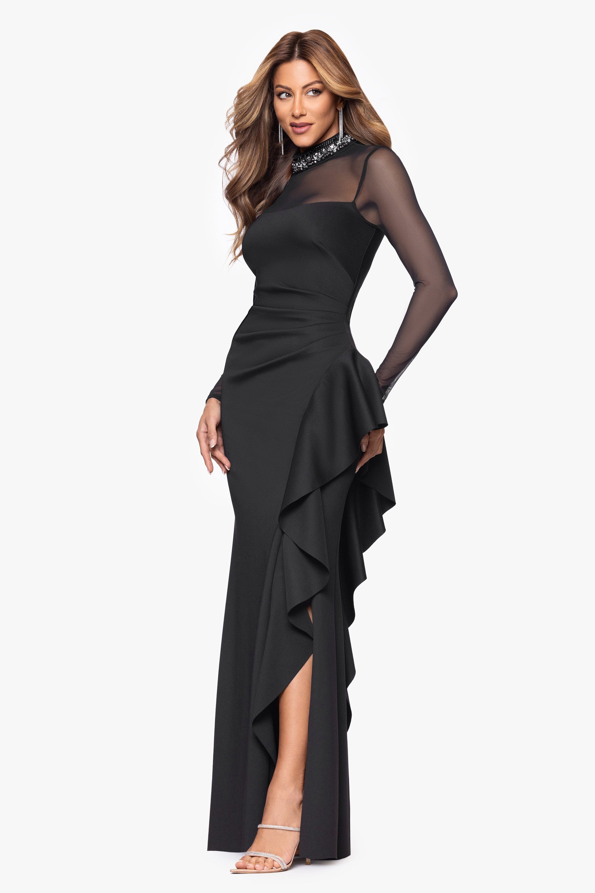 "Maxina" Techno Scuba and Mesh Long Sleeves Dress Black XSCAPE