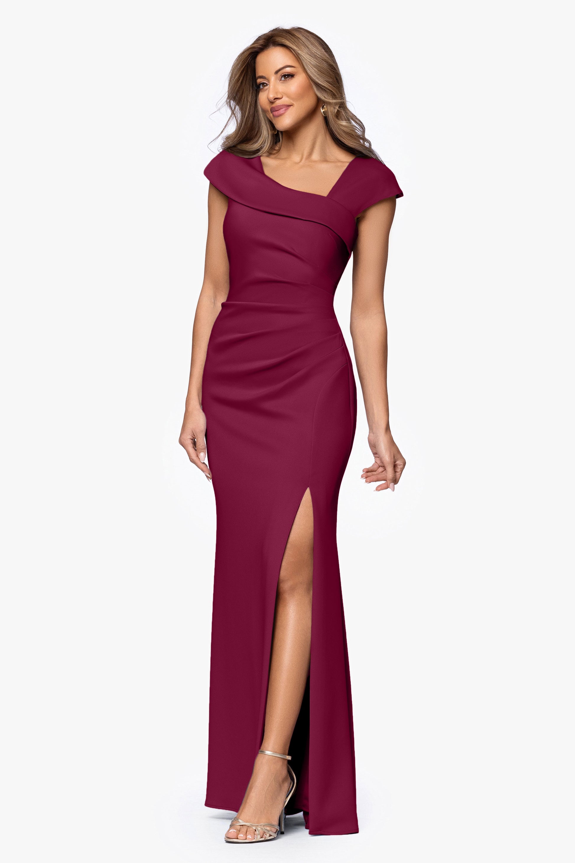 Petite "Lenore" Techno Scuba Asymmetrical Neckline Dress Wine XSCAPE