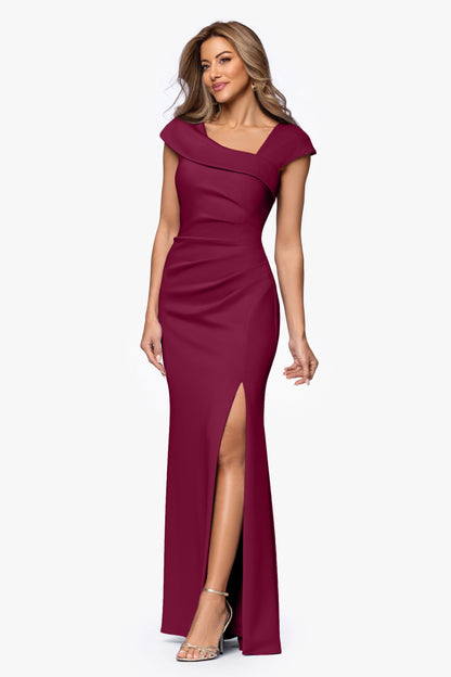 Petite "Lenore" Techno Scuba Asymmetrical Neckline Dress Wine XSCAPE