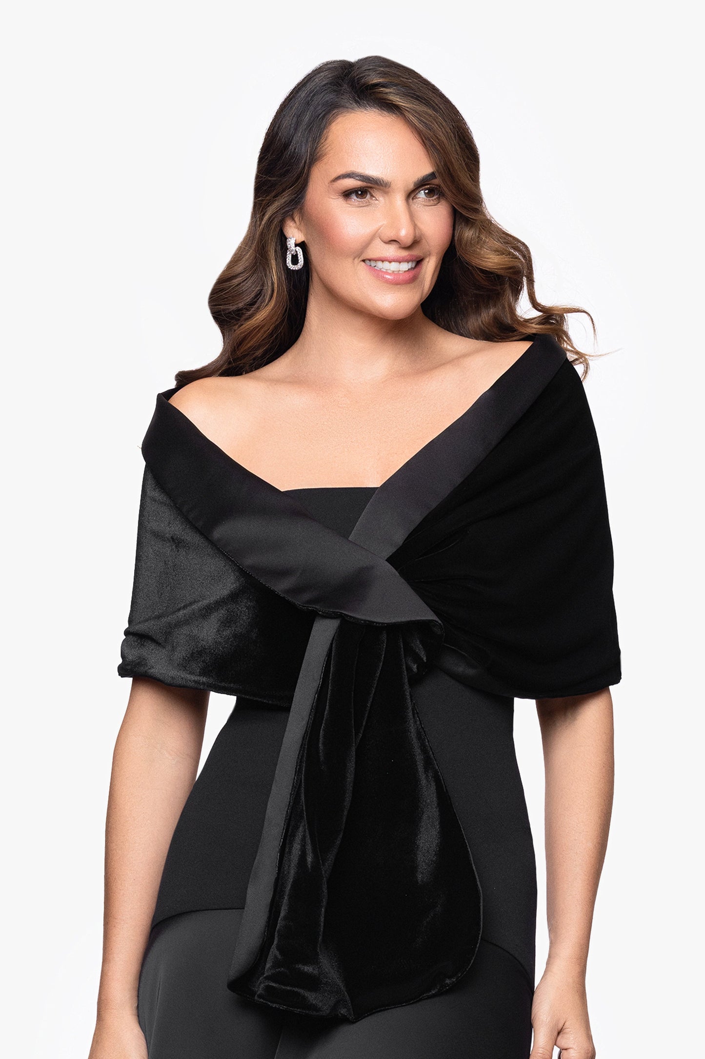 "Rosemary" Velvet and Satin Pull Through Shawl Wrap Black XSCAPE