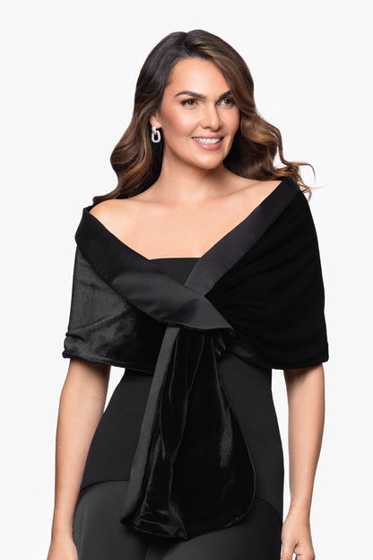 "Rosemary" Velvet and Satin Pull Through Shawl Wrap Black XSCAPE