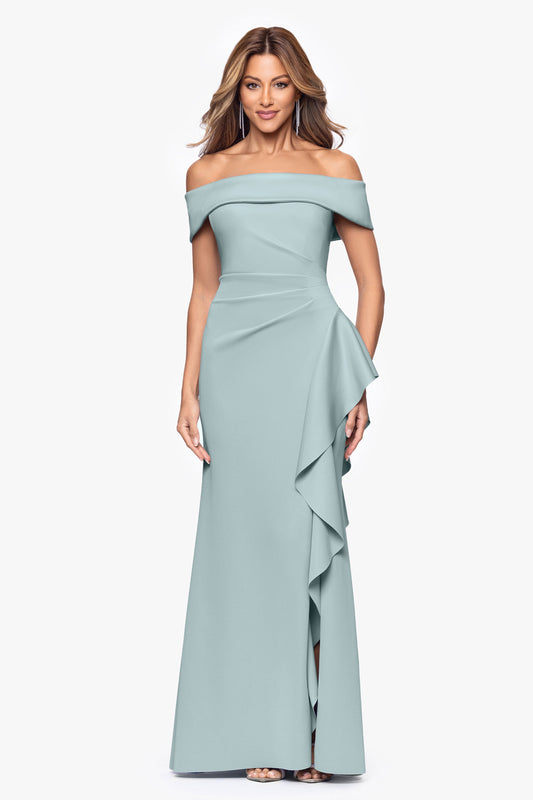 "Dolly" Techno Scuba Off the Shoulder Ruffle Dress Sage XSCAPE