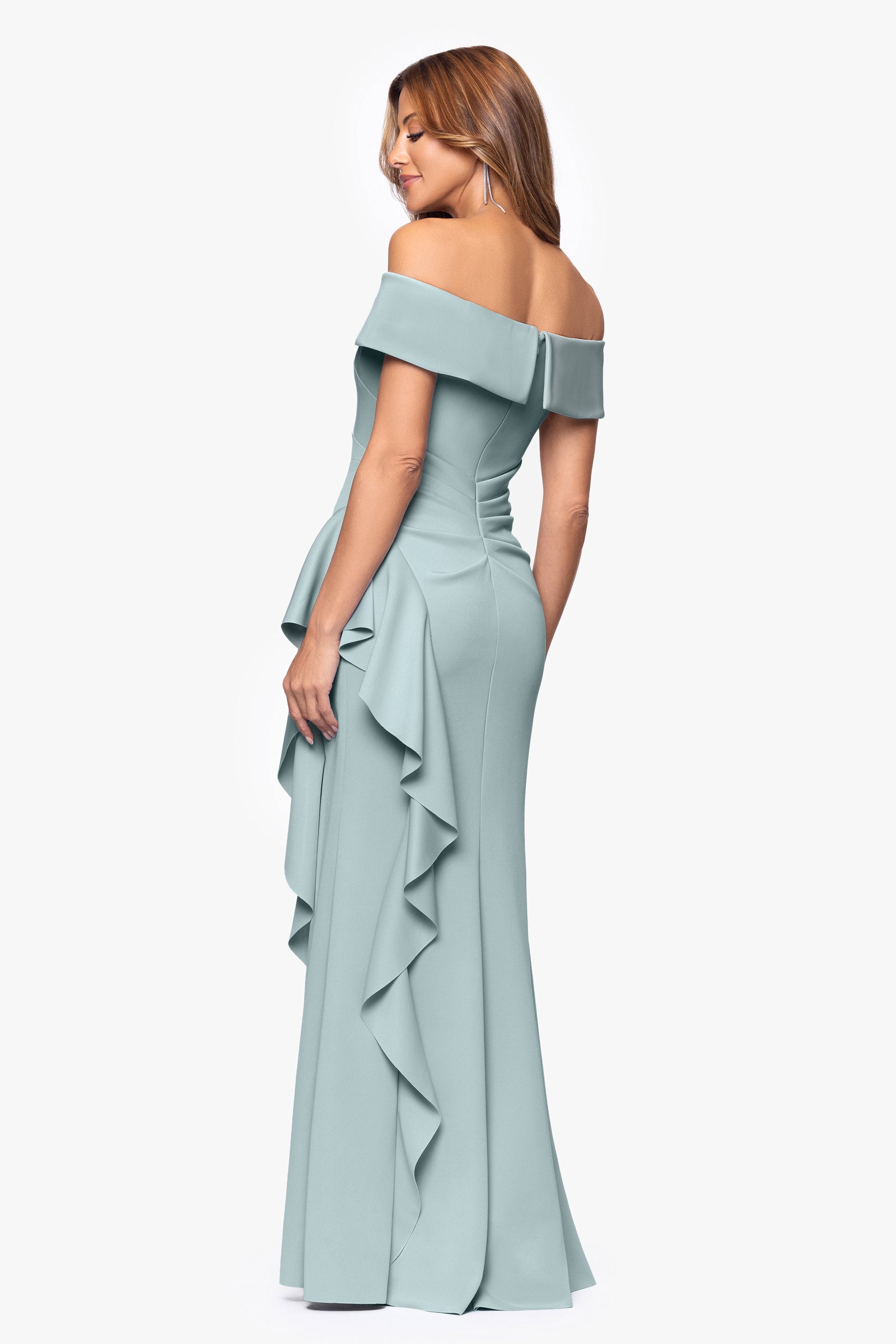 "Dolly" Techno Scuba Off the Shoulder Ruffle Dress Sage XSCAPE