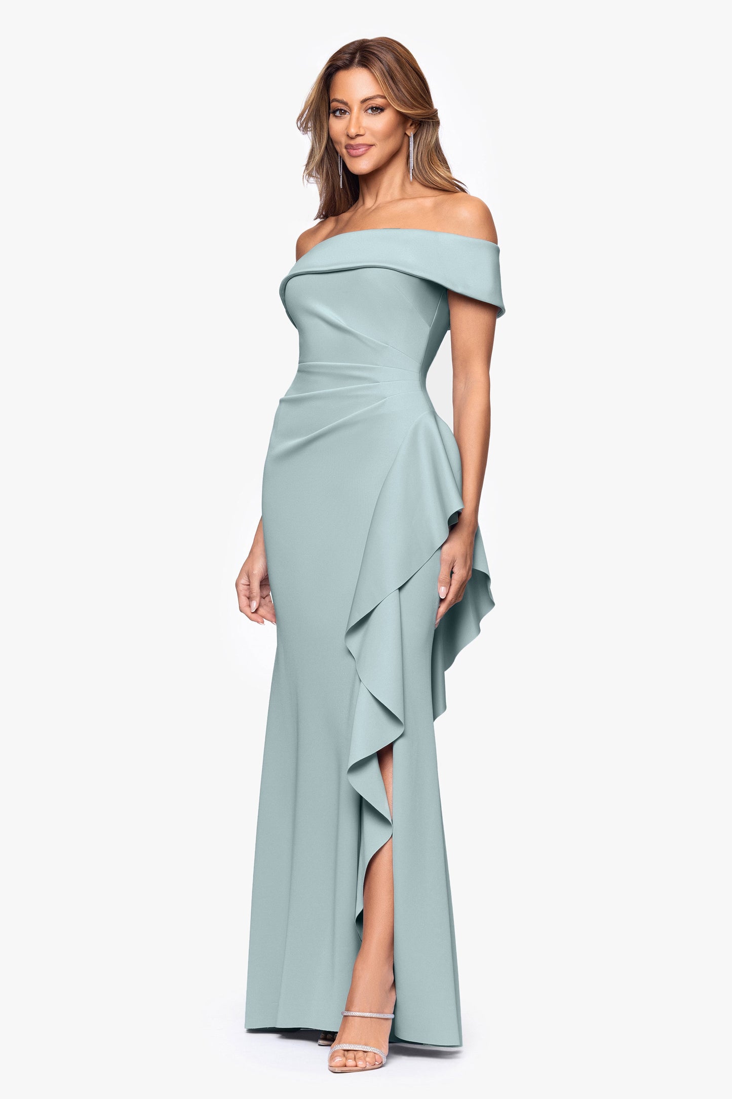 "Dolly" Techno Scuba Off the Shoulder Ruffle Dress Sage XSCAPE