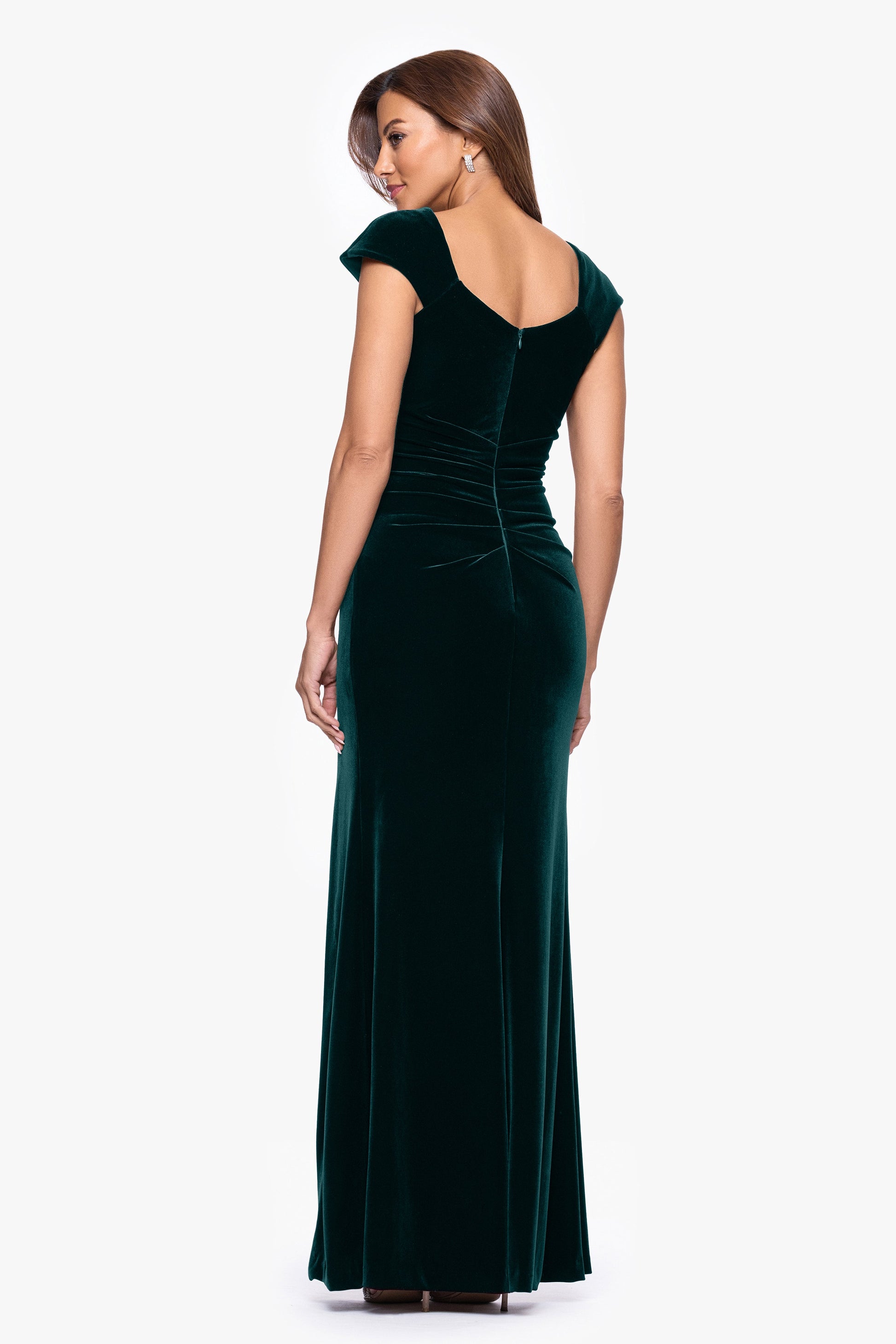 "Katrina" Velvet Asymmetrical Neckline Cap Sleeve Dress Hunter XSCAPE