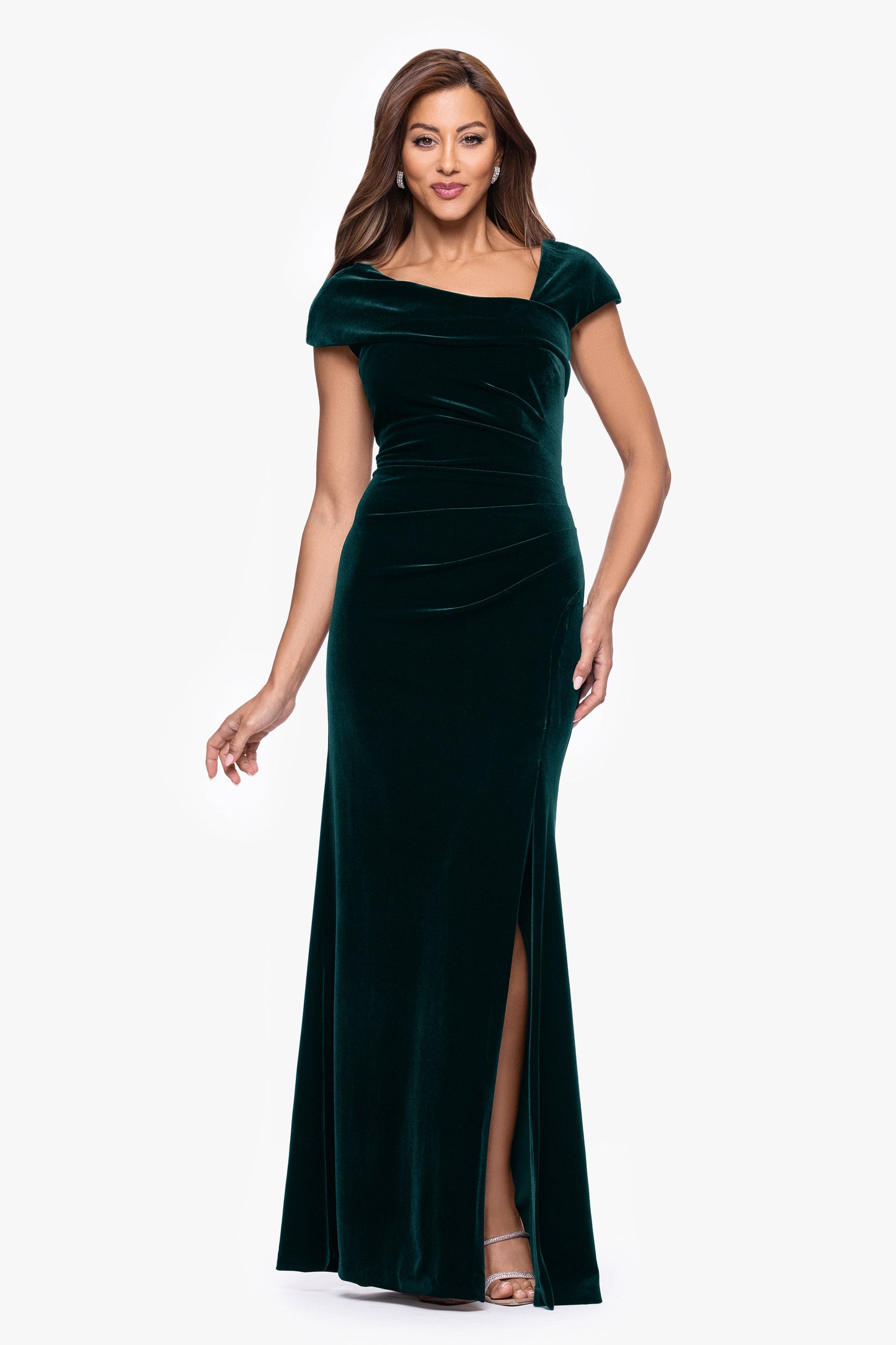 "Katrina" Velvet Asymmetrical Neckline Cap Sleeve Dress Hunter XSCAPE