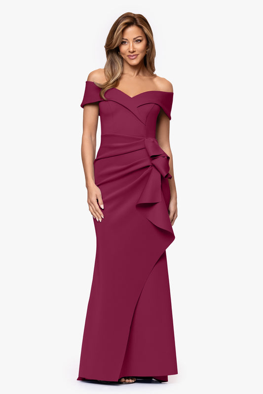 "Patti" Long Off the Shoulder Techno Scuba Dress Wine XSCAPE