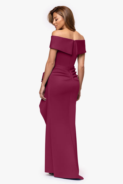 "Patti" Long Off the Shoulder Techno Scuba Dress Wine XSCAPE