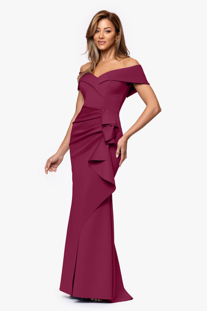 "Patti" Long Off the Shoulder Techno Scuba Dress Wine XSCAPE