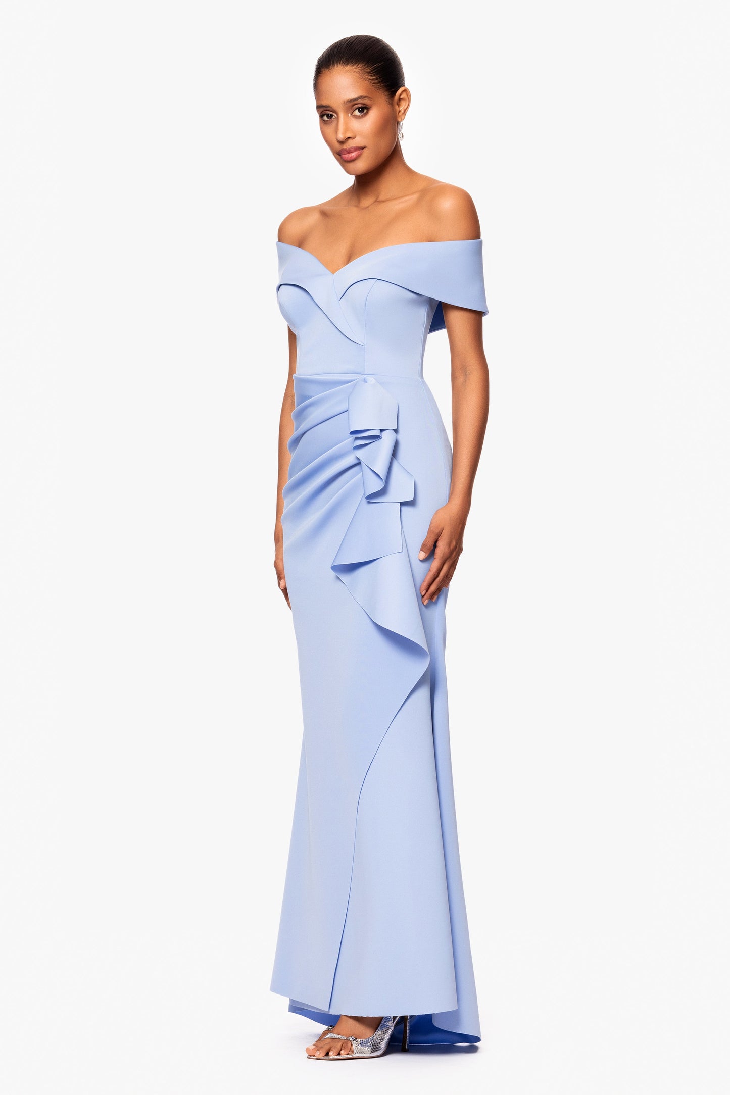 "Patti" Techno Scuba Off The Shoulder Dress Periwinkle XSCAPE