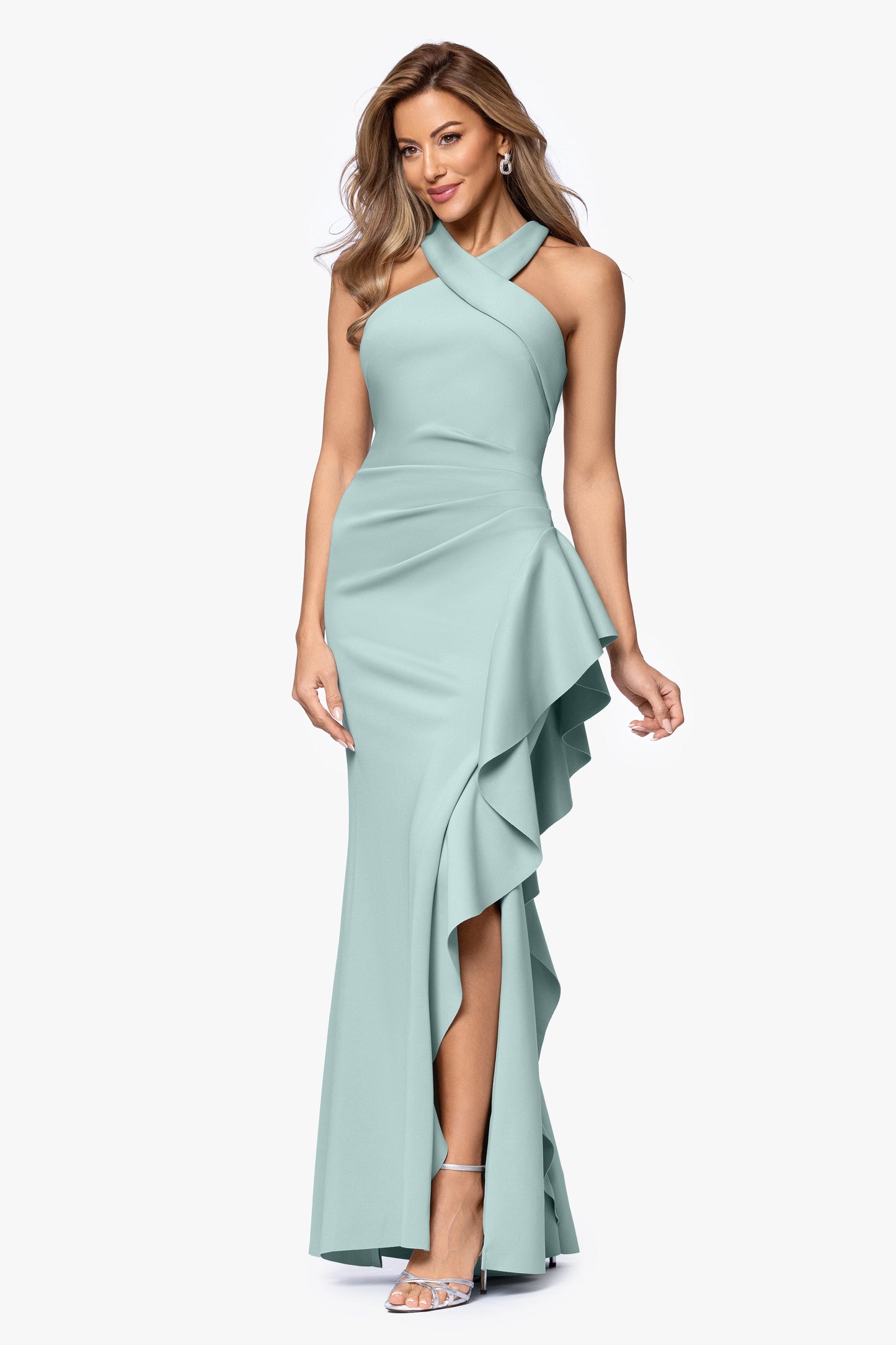 "Gigi" Techno Scuba Cross Neck Dress Sage XSCAPE