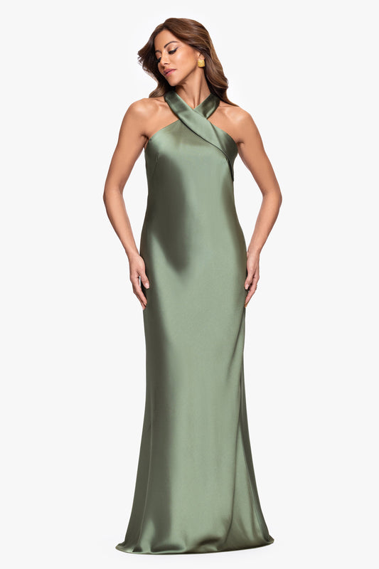 "Francesca" Satin Halter Tie Neck Dress Olive XSCAPE