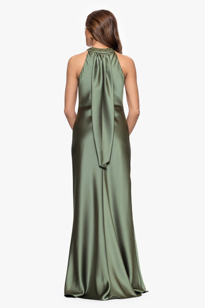 "Francesca" Satin Halter Tie Neck Dress Olive XSCAPE