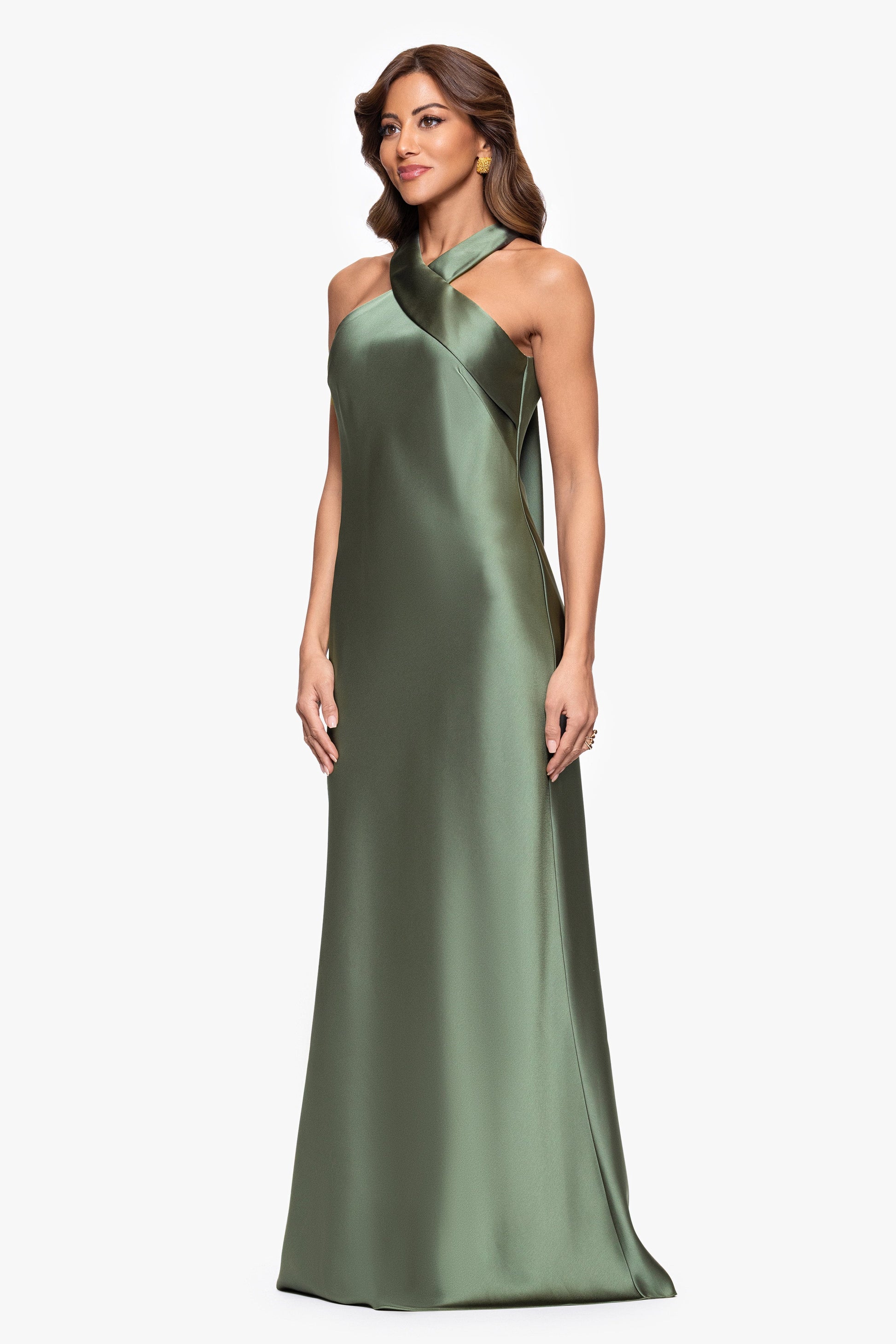 "Francesca" Satin Halter Tie Neck Dress Olive XSCAPE