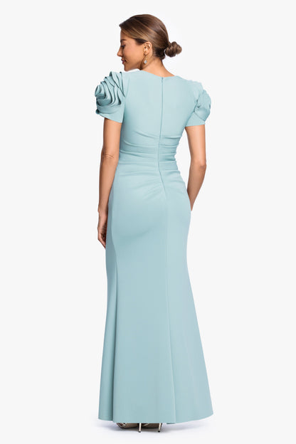 "Cami" Techno Scuba With Flower Shoulder Dress Sage XSCAPE