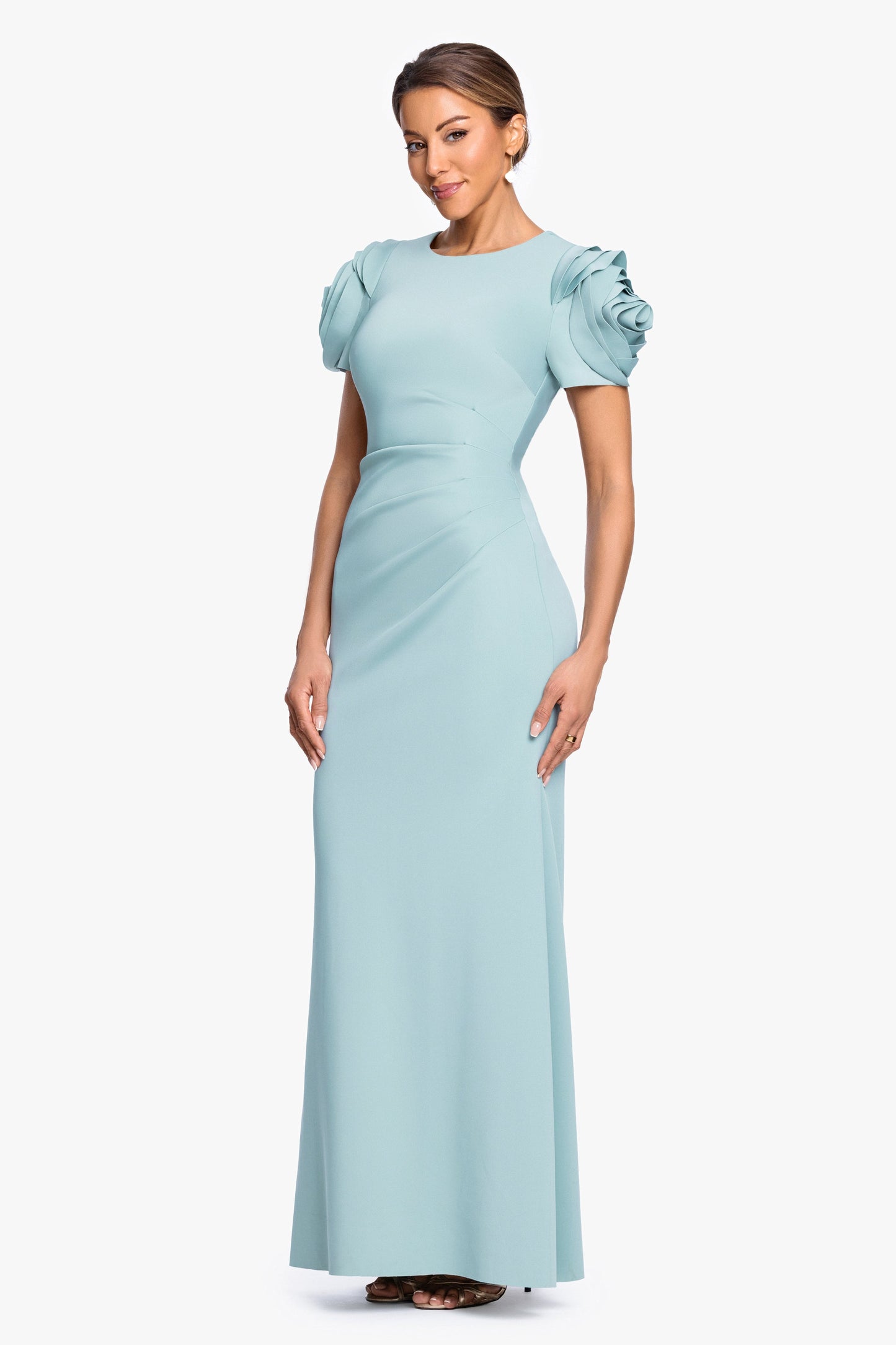 "Cami" Techno Scuba With Flower Shoulder Dress Sage XSCAPE