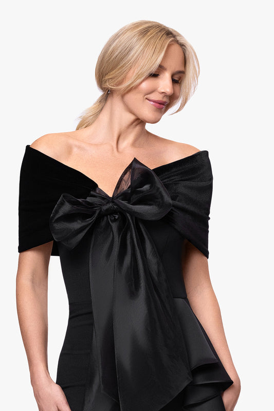 "Georgina" Velvet and Organza Bow Shawl Wrap Black XSCAPE