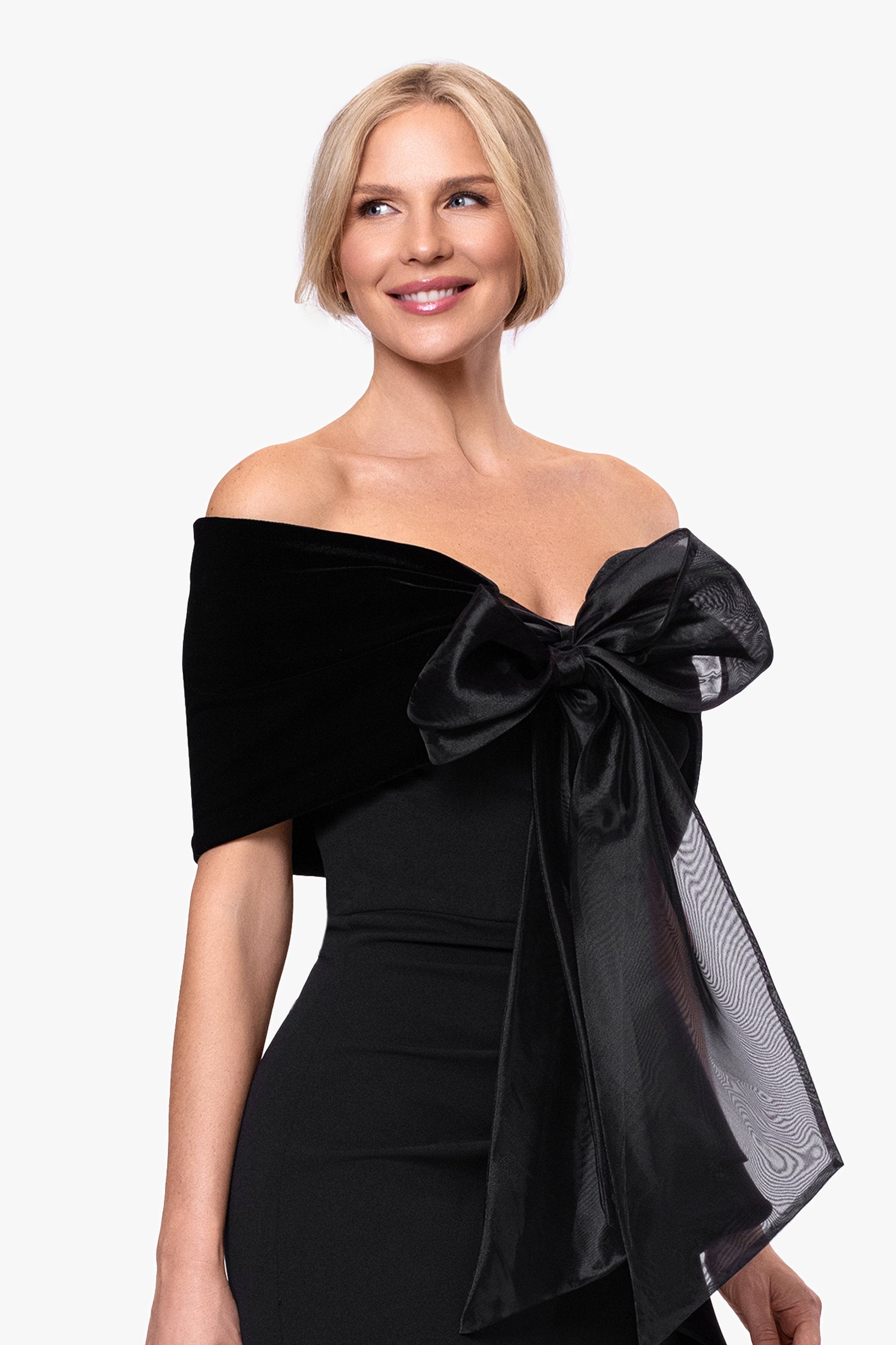 "Georgina" Velvet and Organza Bow Shawl Wrap Black XSCAPE