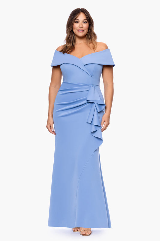 Plus "Patti" Techno Scuba Off The Shoulder Dress Slate XSCAPE