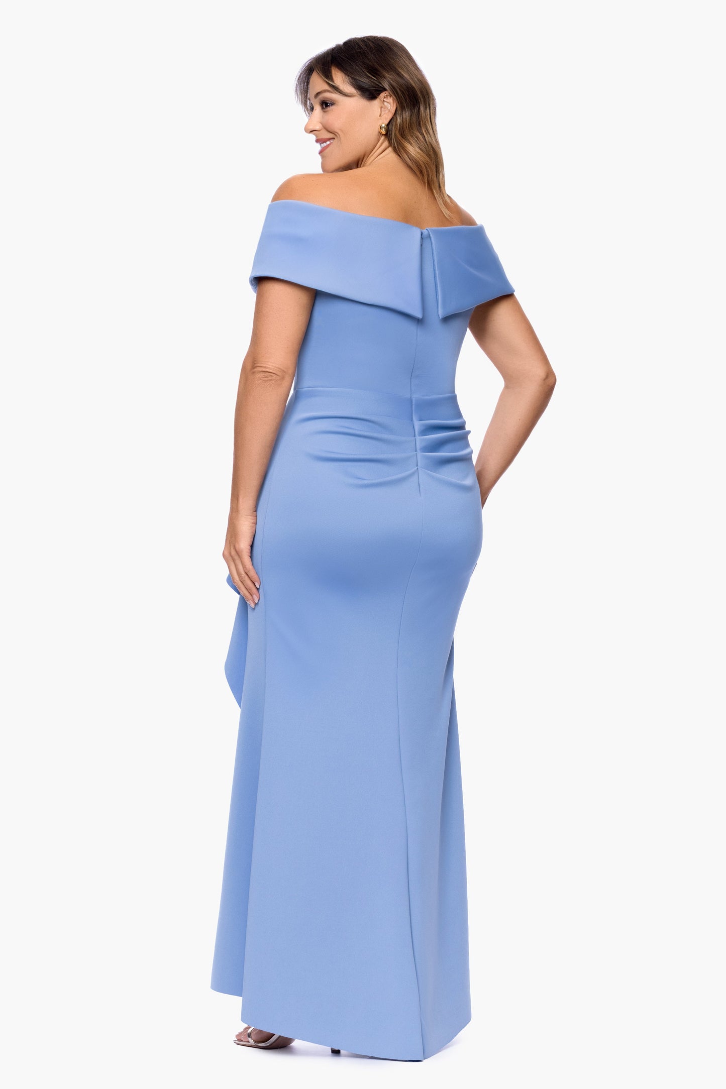 Plus "Patti" Techno Scuba Off The Shoulder Dress Slate XSCAPE