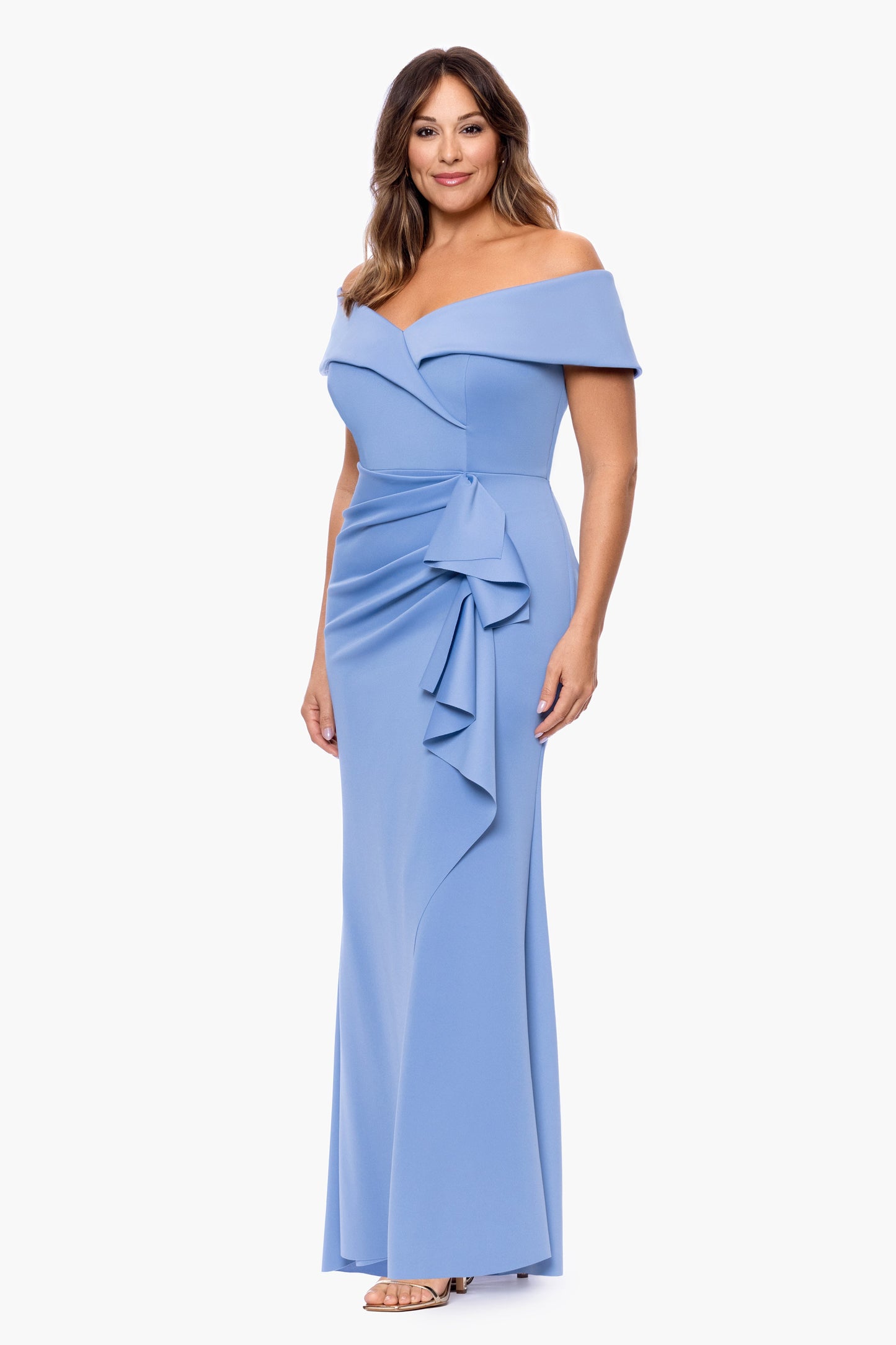 Plus "Patti" Techno Scuba Off The Shoulder Dress Slate XSCAPE