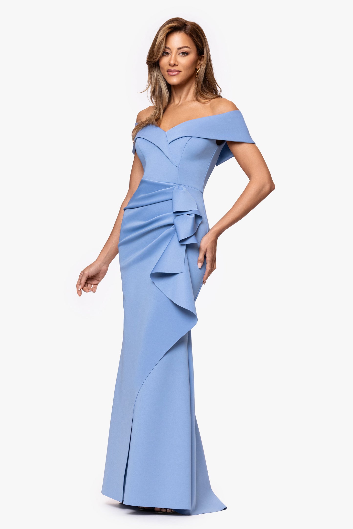 "Patti" Techno Scuba Off The Shoulder Dress Slate XSCAPE