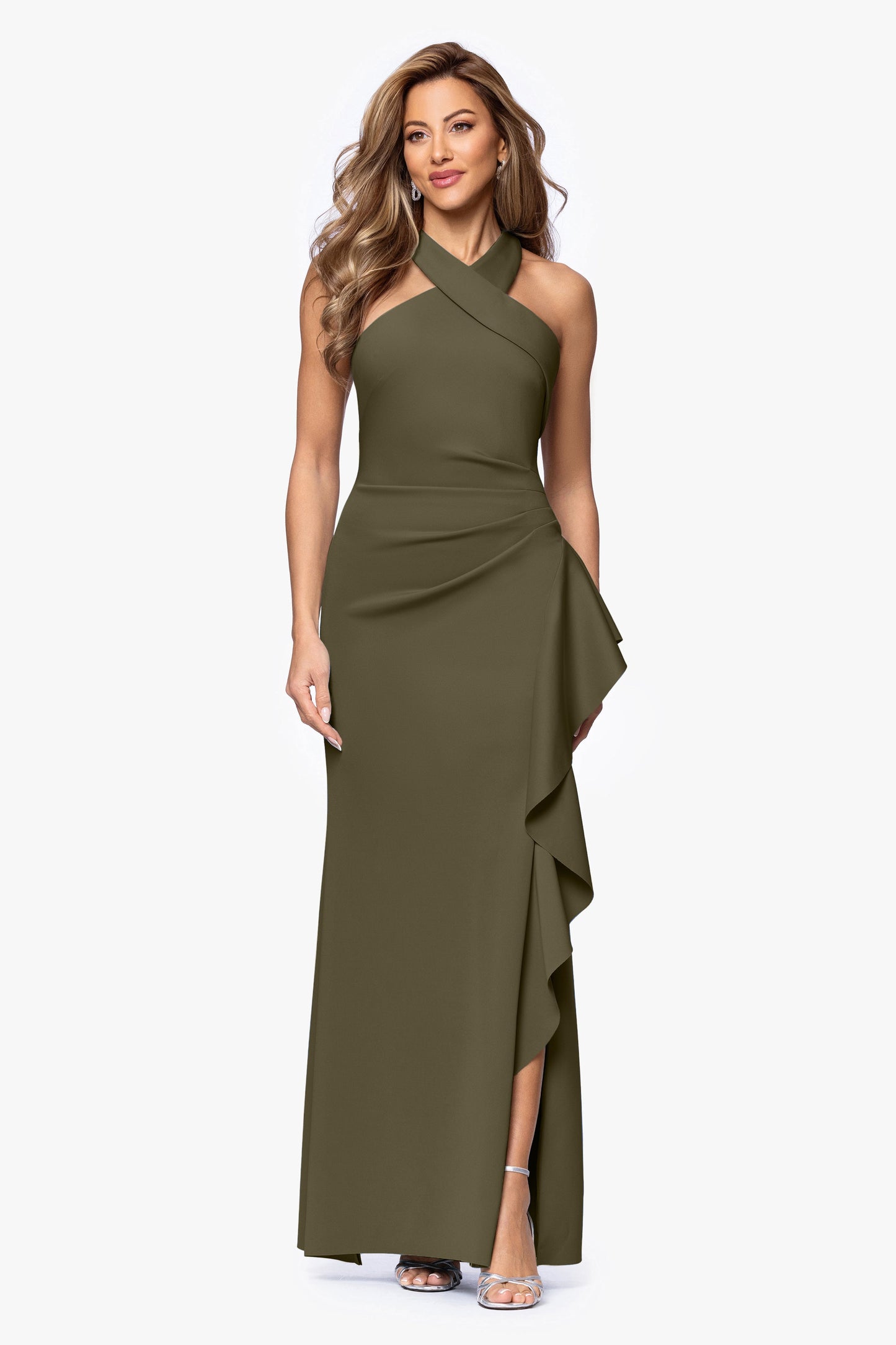 "Gigi" Techno Scuba Cross Neck Dress Olive XSCAPE