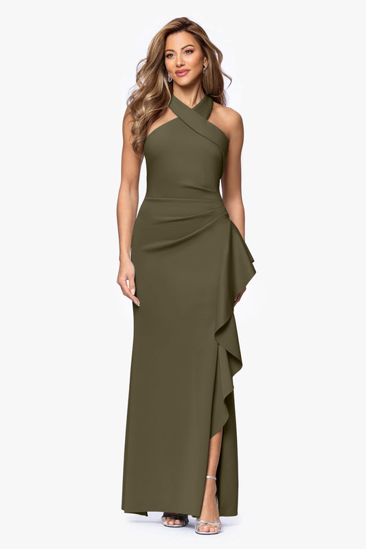 "Gigi" Techno Scuba Cross Neck Dress Olive XSCAPE