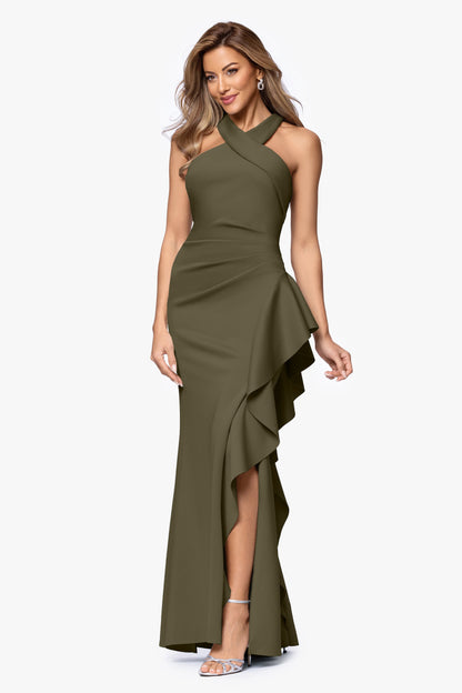 "Gigi" Techno Scuba Cross Neck Dress Olive XSCAPE