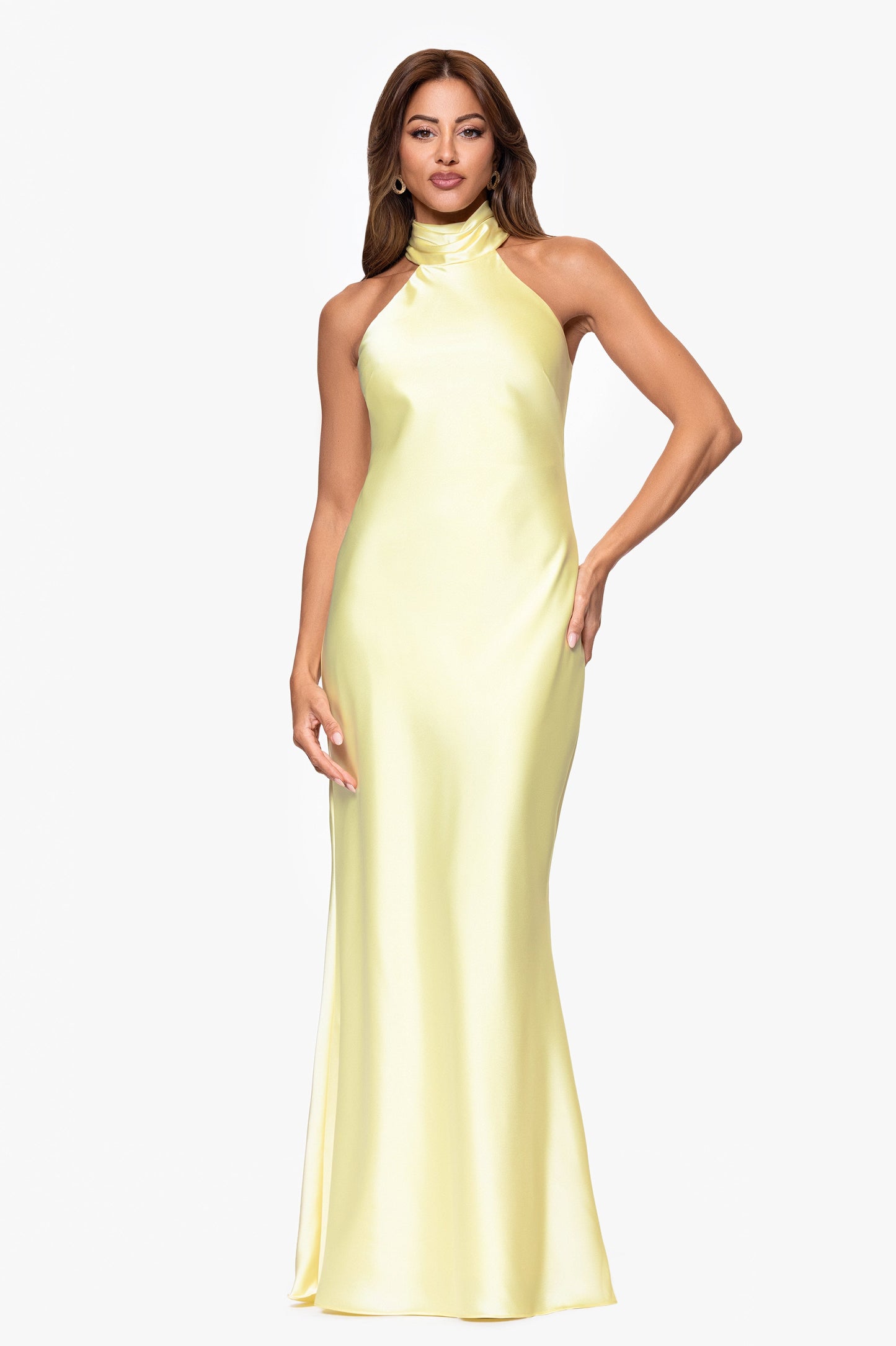 Petite "Ruth" Satin High Tie Neck Backless Dress Butter XSCAPE