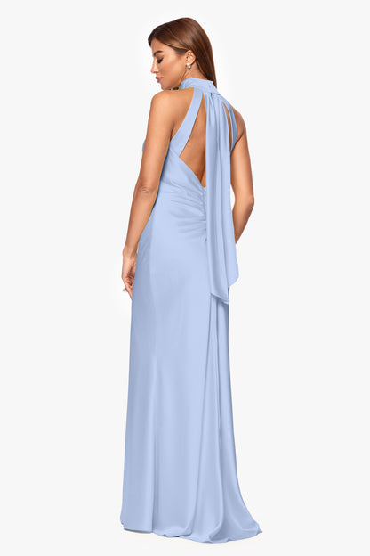 Petite "Ruth" Satin High Tie Neck Backless Dress Light Blue XSCAPE