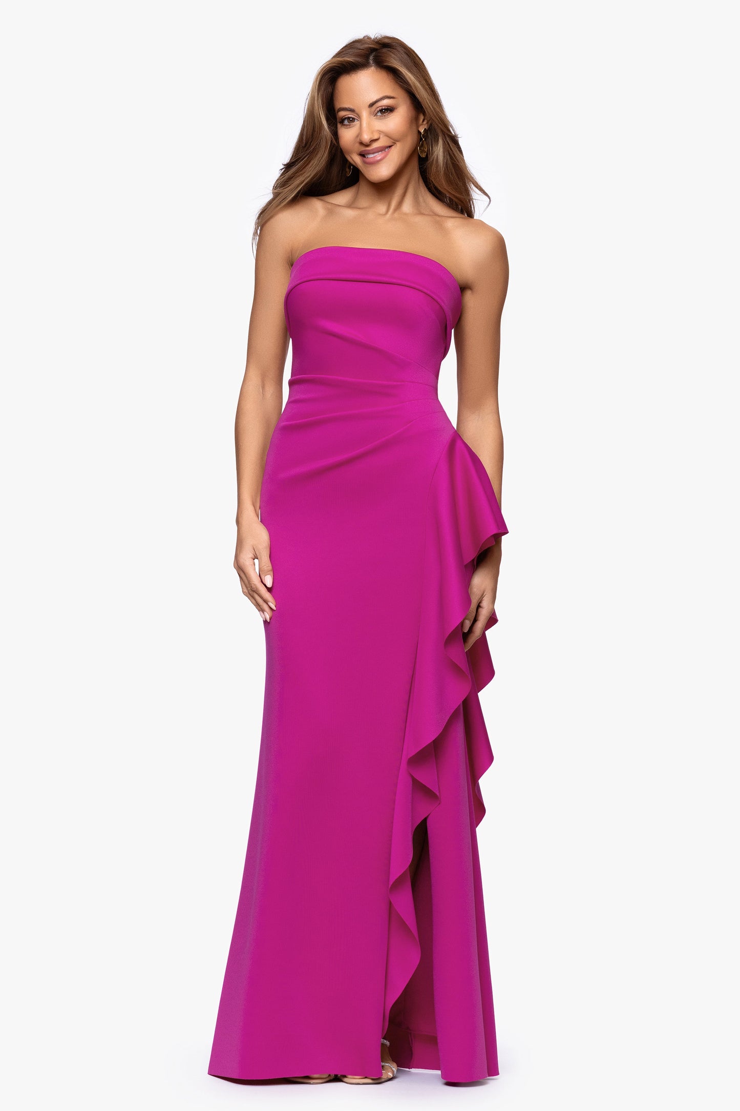 Petite "Jacqueline" Techno Scuba Strapless Ruffle Dress Orchid XSCAPE