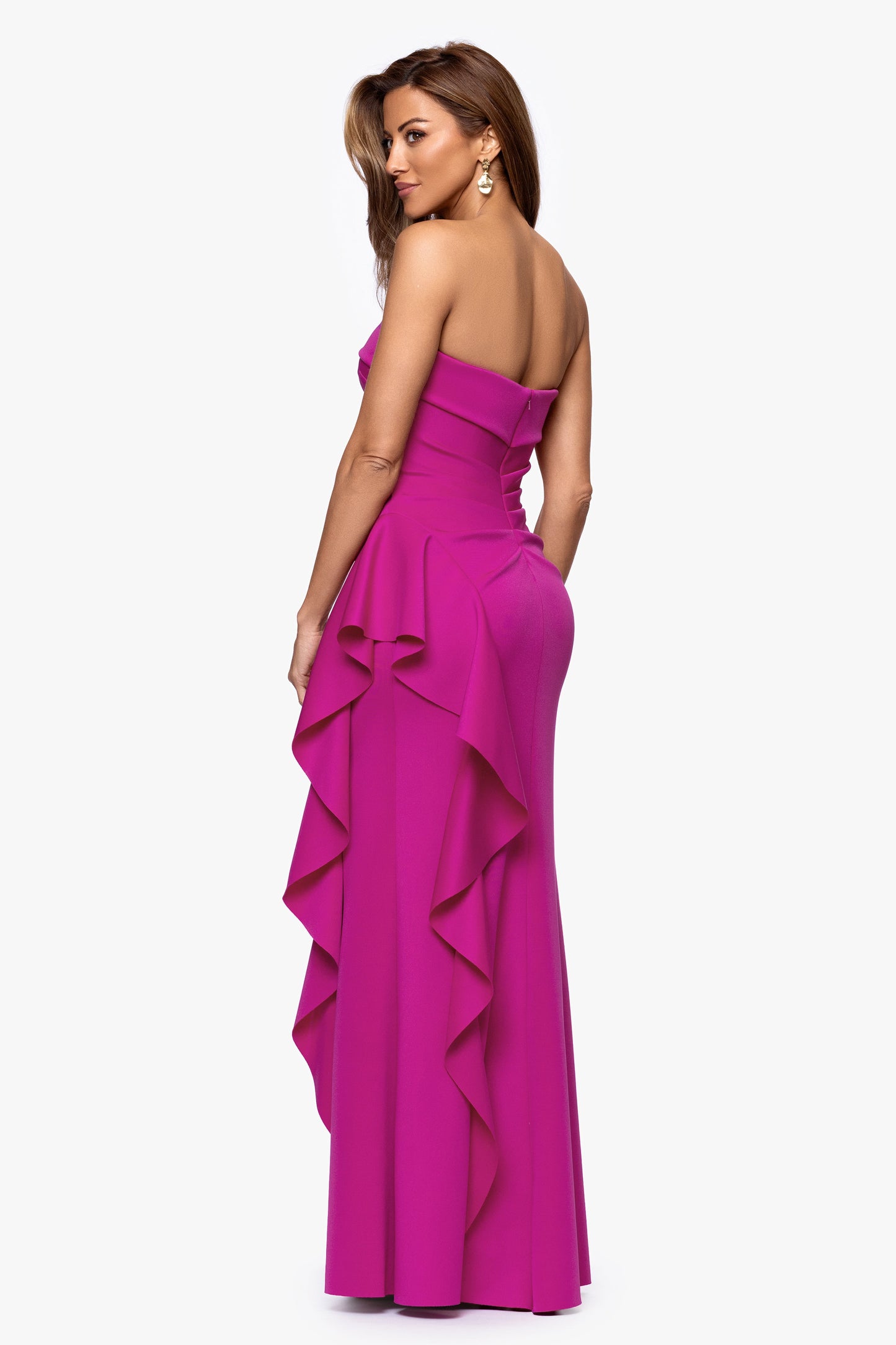 Petite "Jacqueline" Techno Scuba Strapless Ruffle Dress Orchid XSCAPE