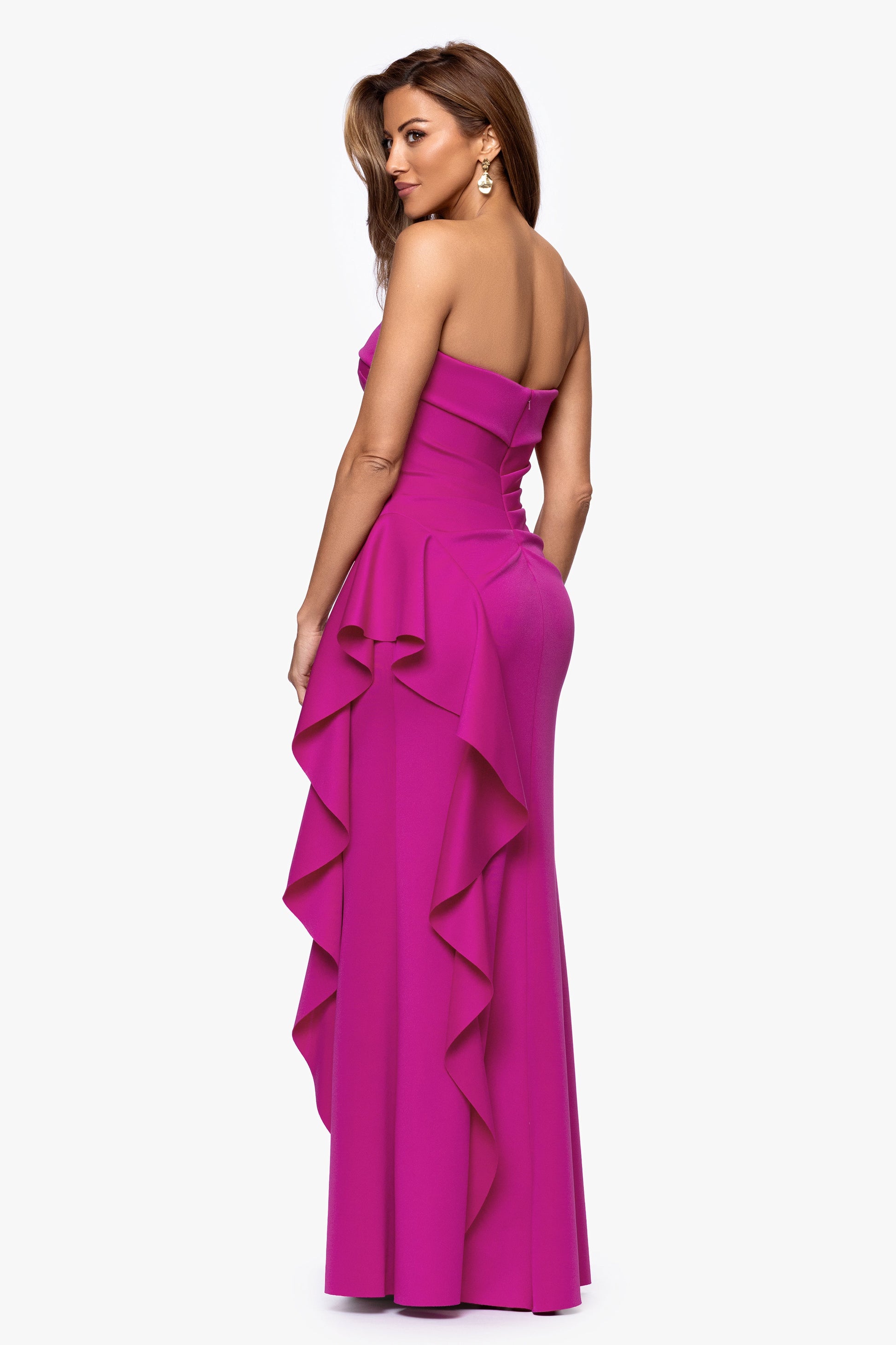 Petite "Jacqueline" Techno Scuba Strapless Ruffle Dress Orchid XSCAPE