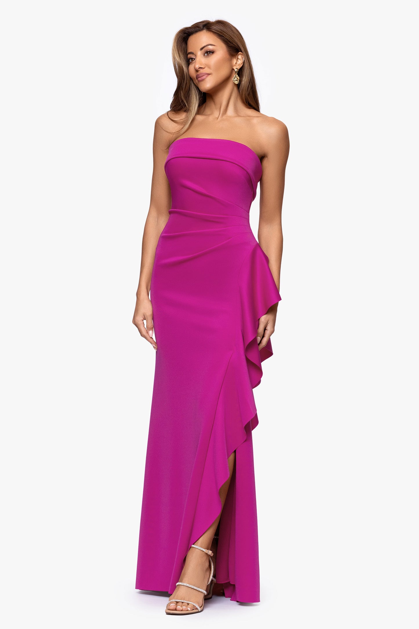 Petite "Jacqueline" Techno Scuba Strapless Ruffle Dress Orchid XSCAPE