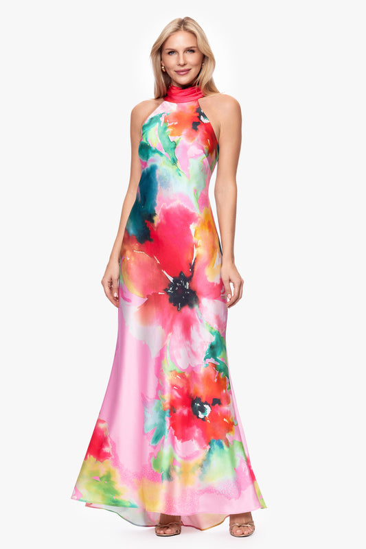 "Poppy" Printed Satin Halter Dress Pink/Red XSCAPE