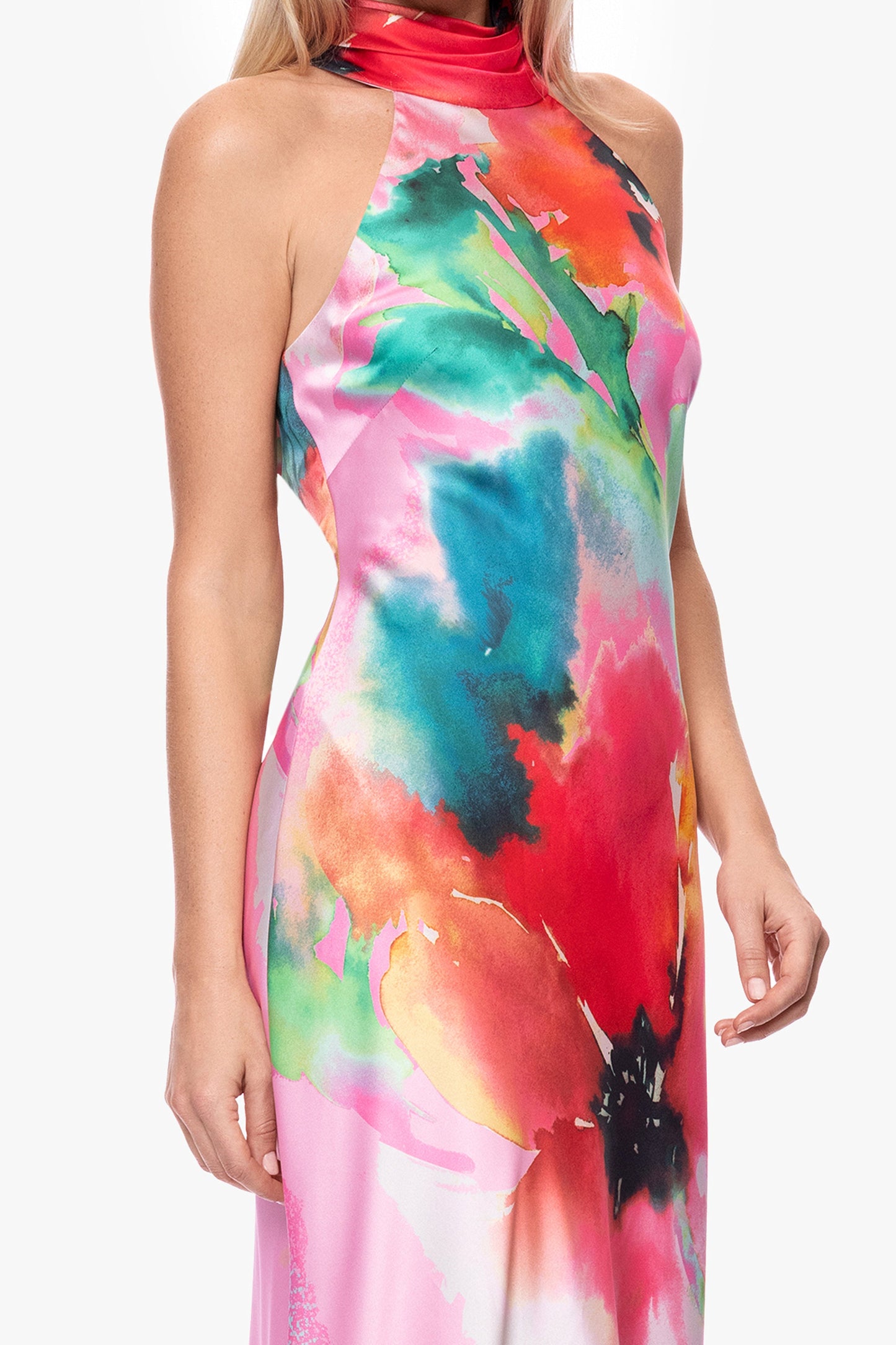 "Poppy" Printed Satin Halter Dress Pink/Red XSCAPE