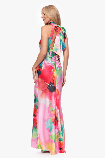 "Poppy" Printed Satin Halter Dress Pink/Red XSCAPE