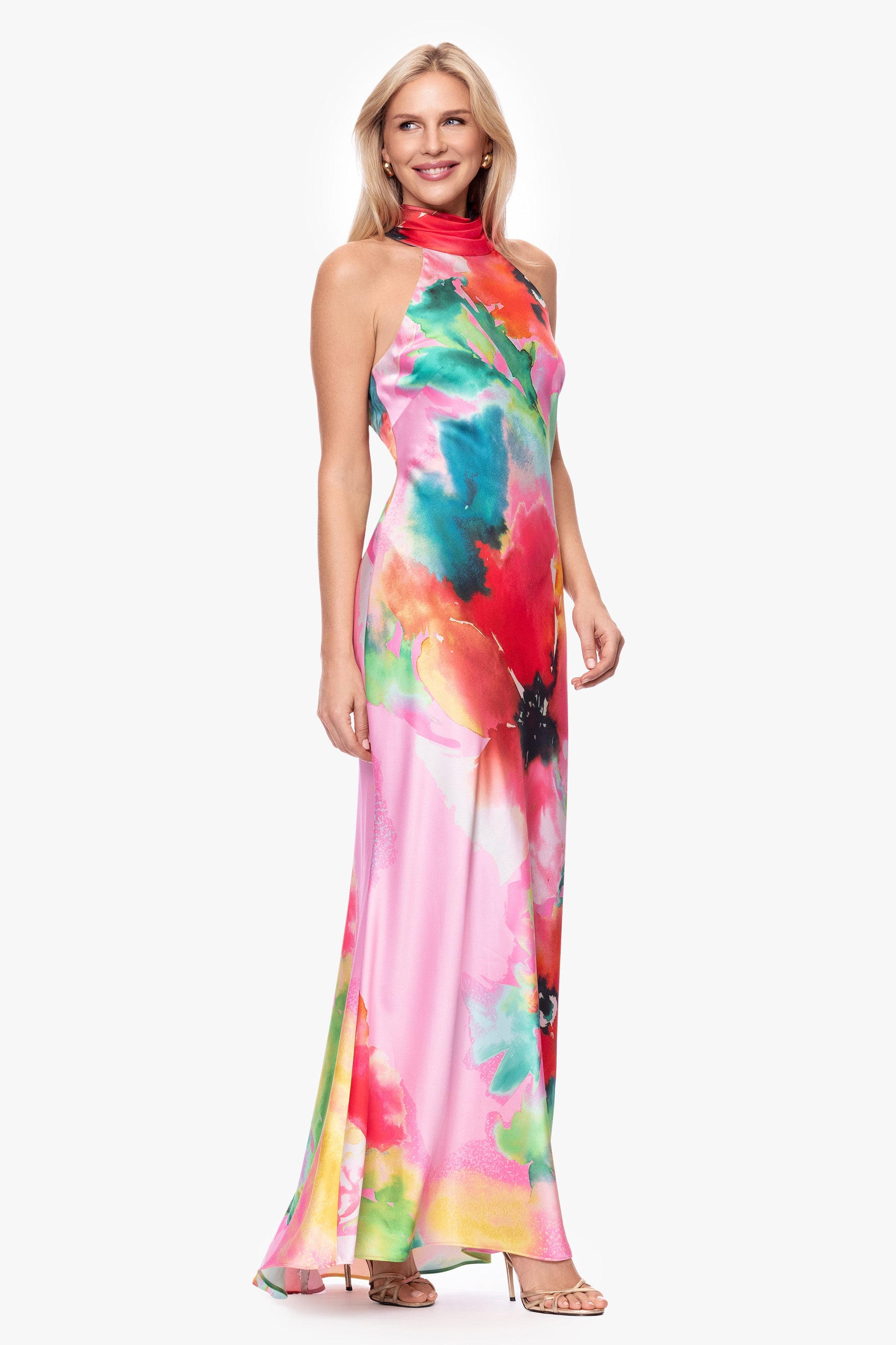 "Poppy" Printed Satin Halter Dress Pink/Red XSCAPE