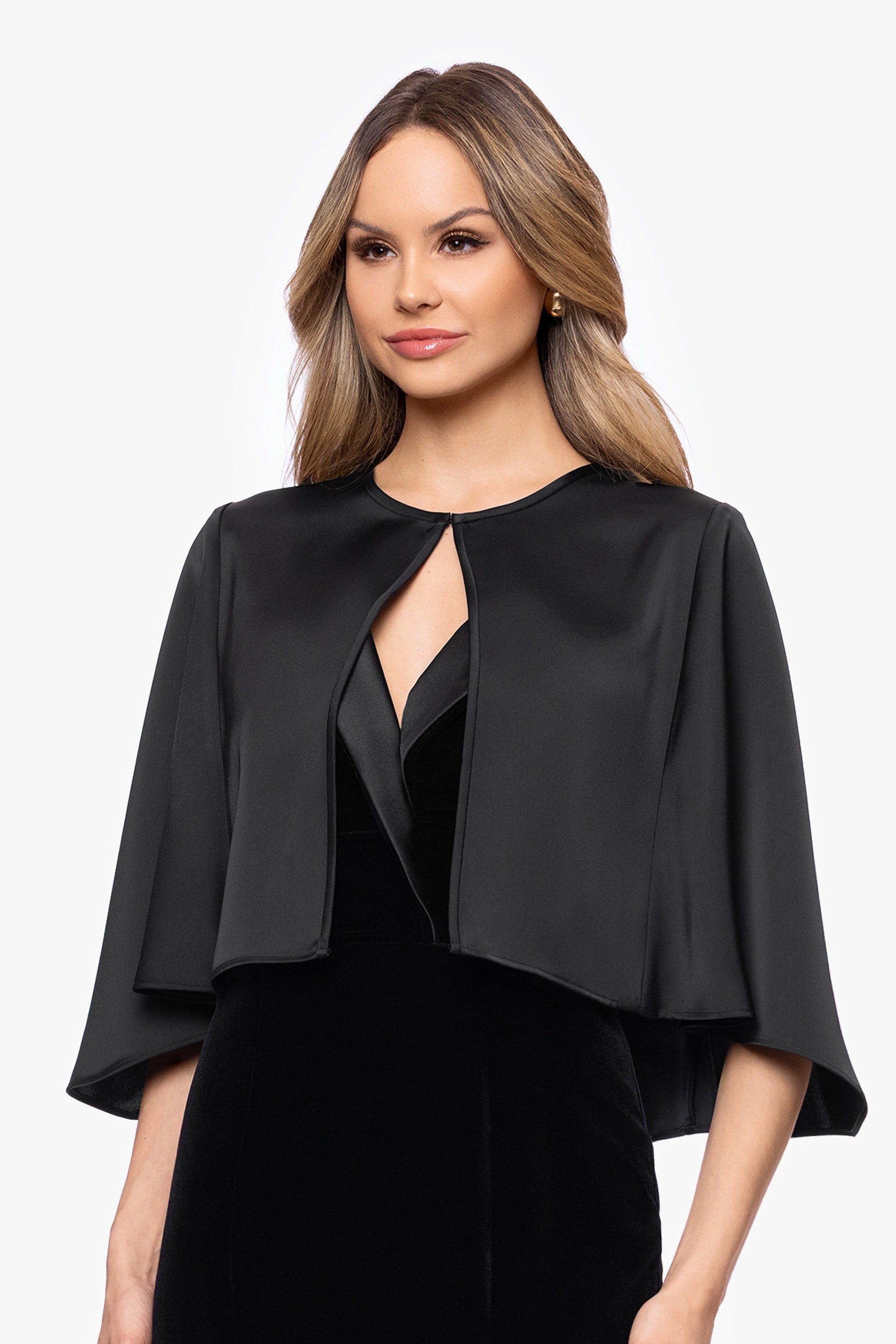 "Bella" Satin Cape Shawl Wrap Black XSCAPE