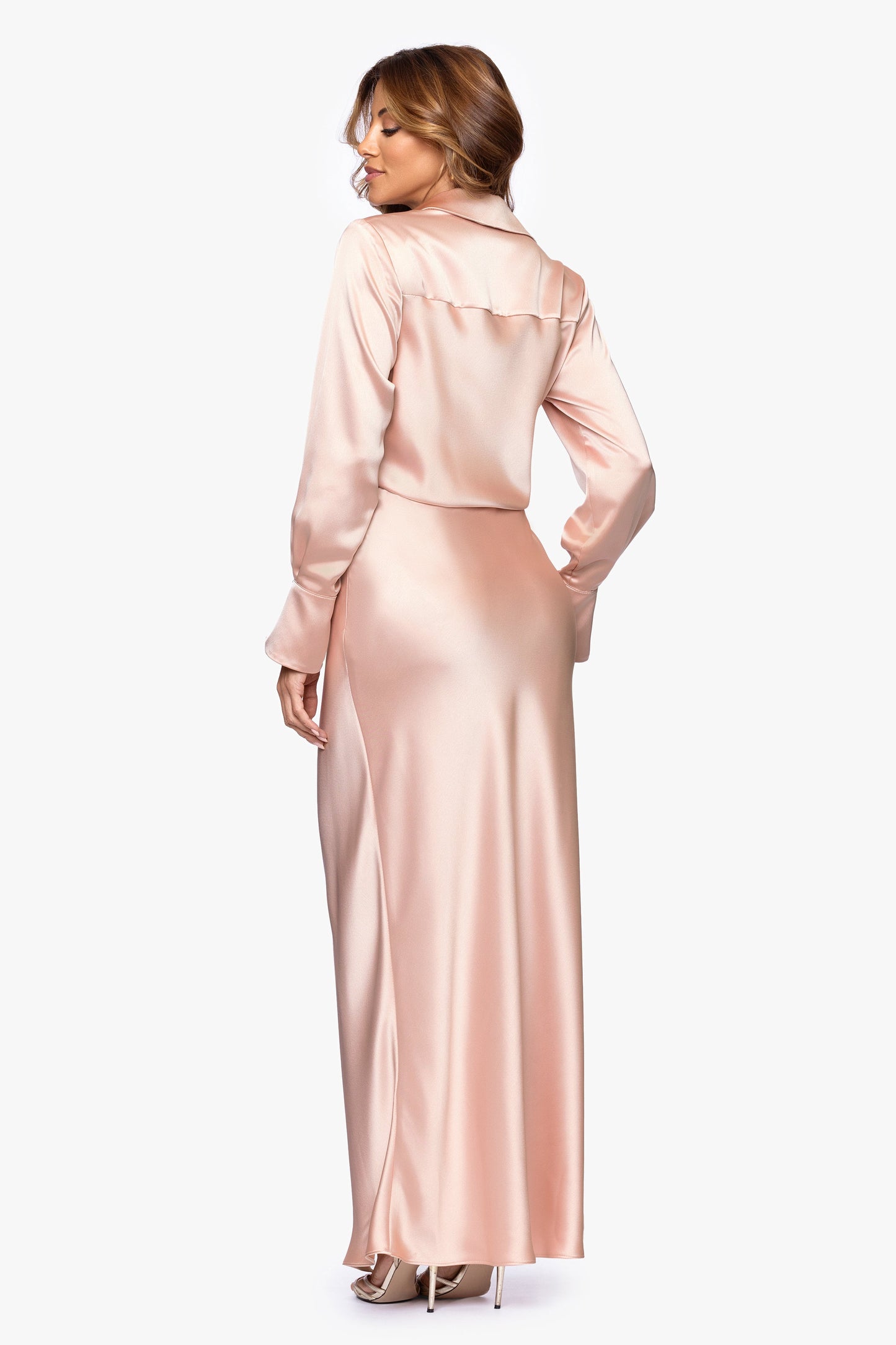 "Emery" Satin Long Sleeve Collared Dress Rose XSCAPE