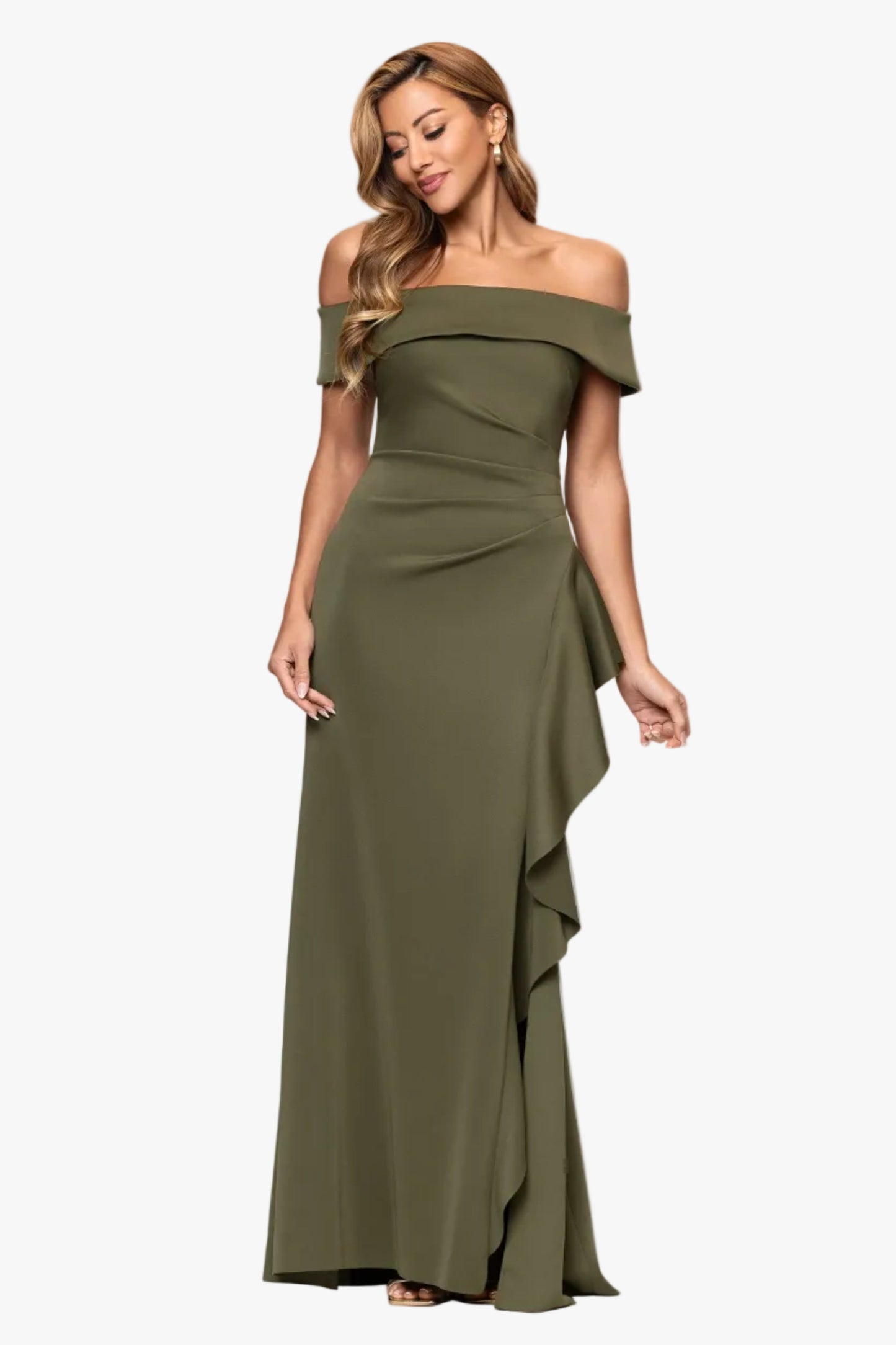 Petite "Dolly" Techno Scuba Off The Shoulder Ruffle Dress Olive XSCAPE