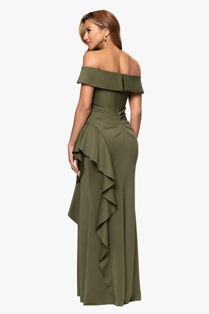 Petite "Dolly" Techno Scuba Off The Shoulder Ruffle Dress Olive XSCAPE